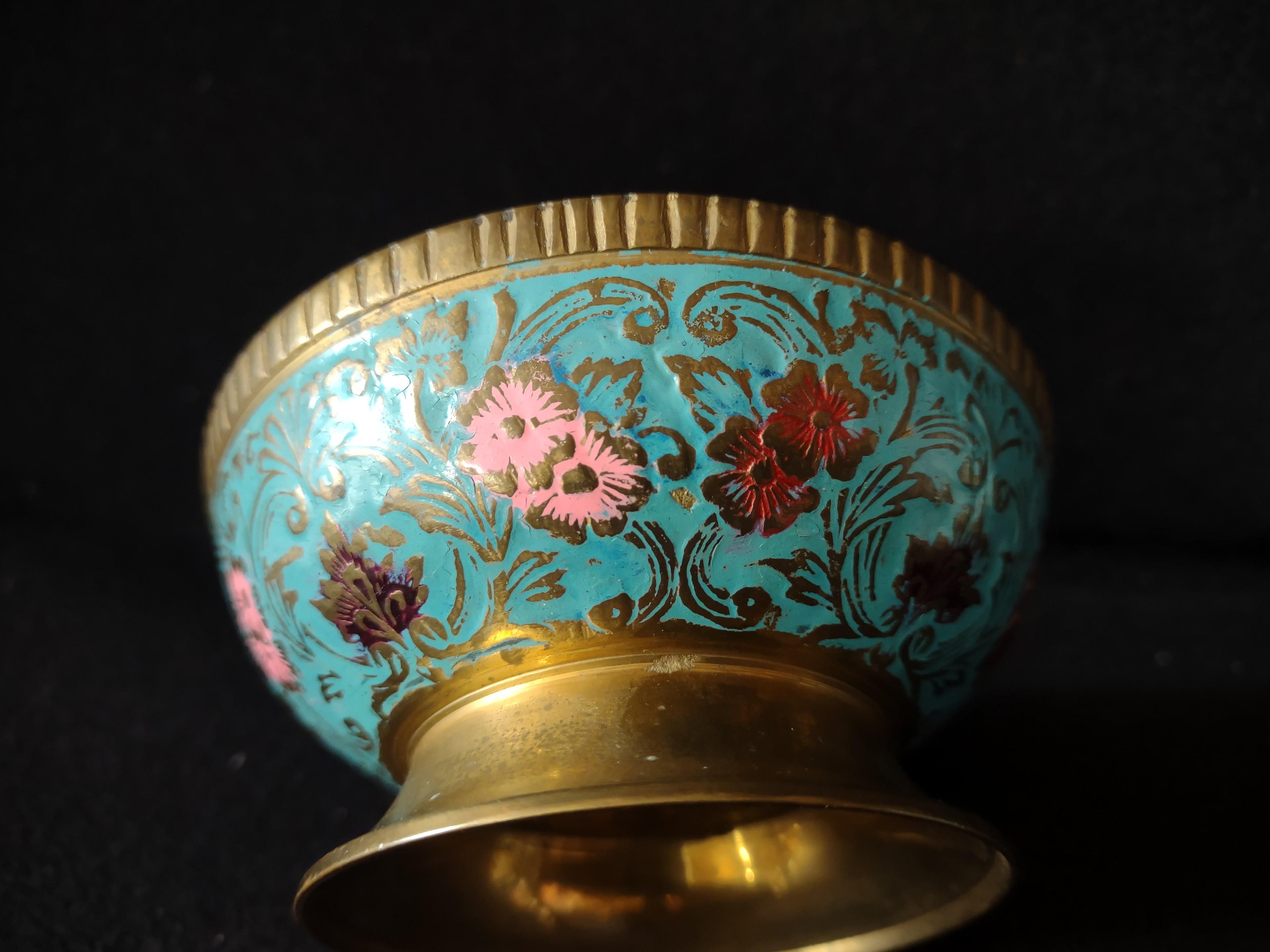Vintage Metal Enameled Small Footed Bowl Peacock IMPERFECT (lot 5281)