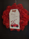 Valentines Day Red Truck Mesh Ribbon Wreath 22" (lot 1386)