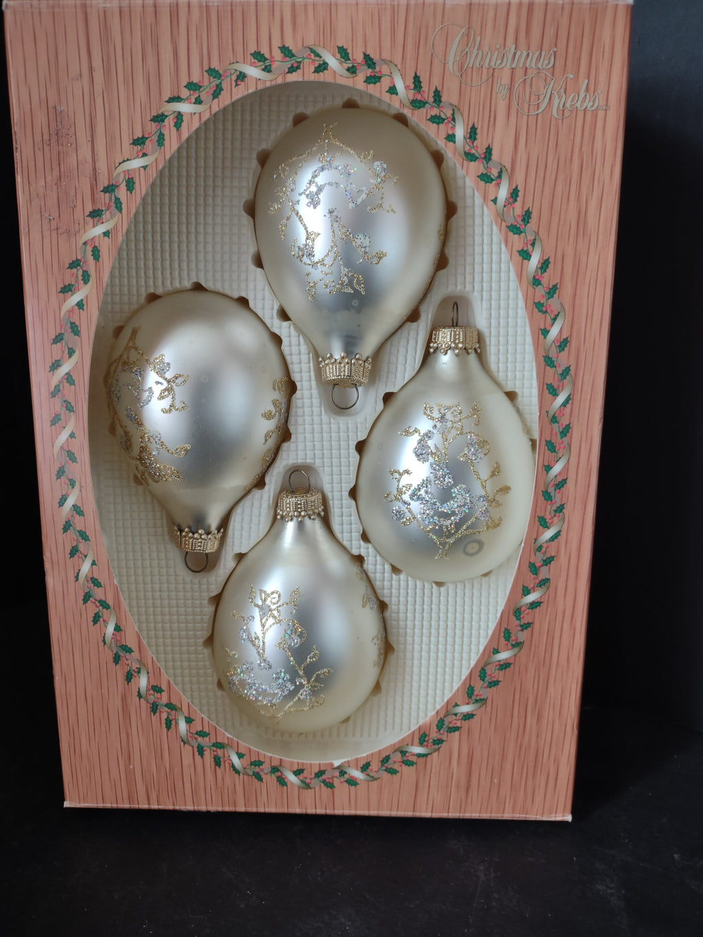 Vintage Christmas Krebs Glass Ornaments x 4 Golden Glitter IMPERFECT (lot 3312)
