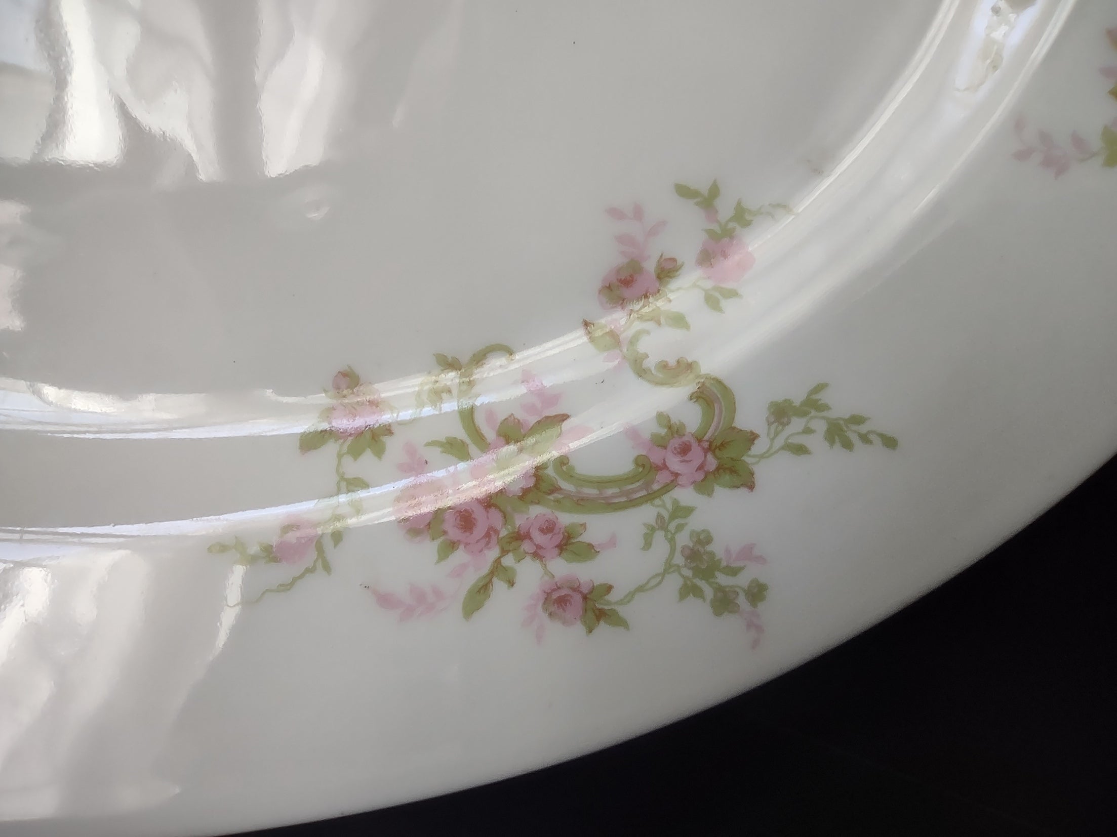 Haviland Limoges Oval Serving Platter 13-1/2" Pink Rose Green Ribbon (lot 888)