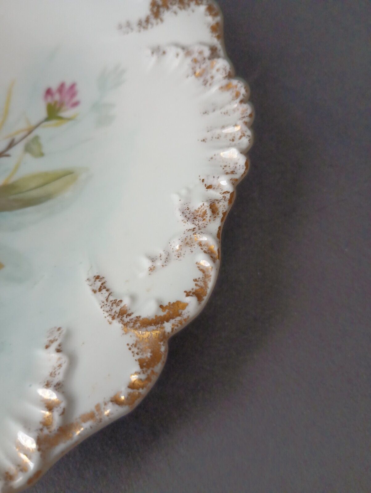 Limoges France JMC Plate Relief Molded Scrollwork Guild Gold Edge Pink (lot 366)