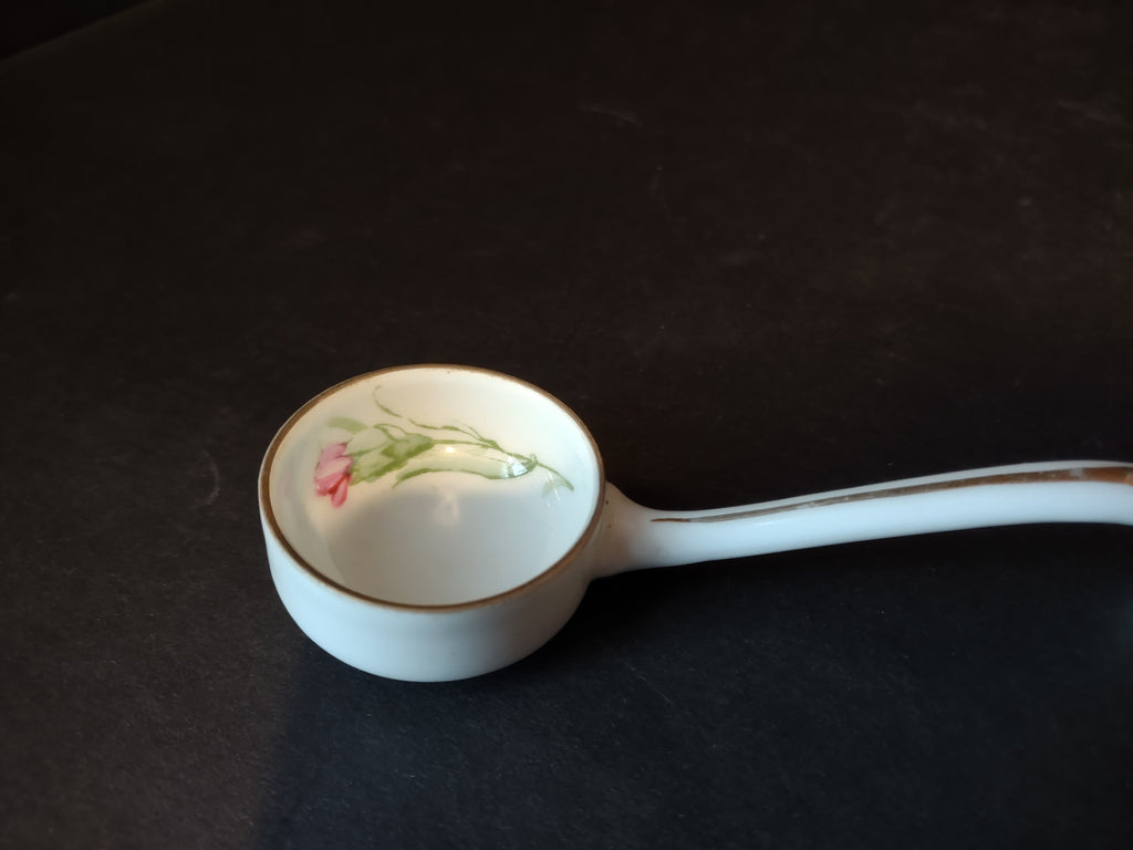 Vintage Small Spoon Ladle White Golden Trim Pink Flower (lot 5359)