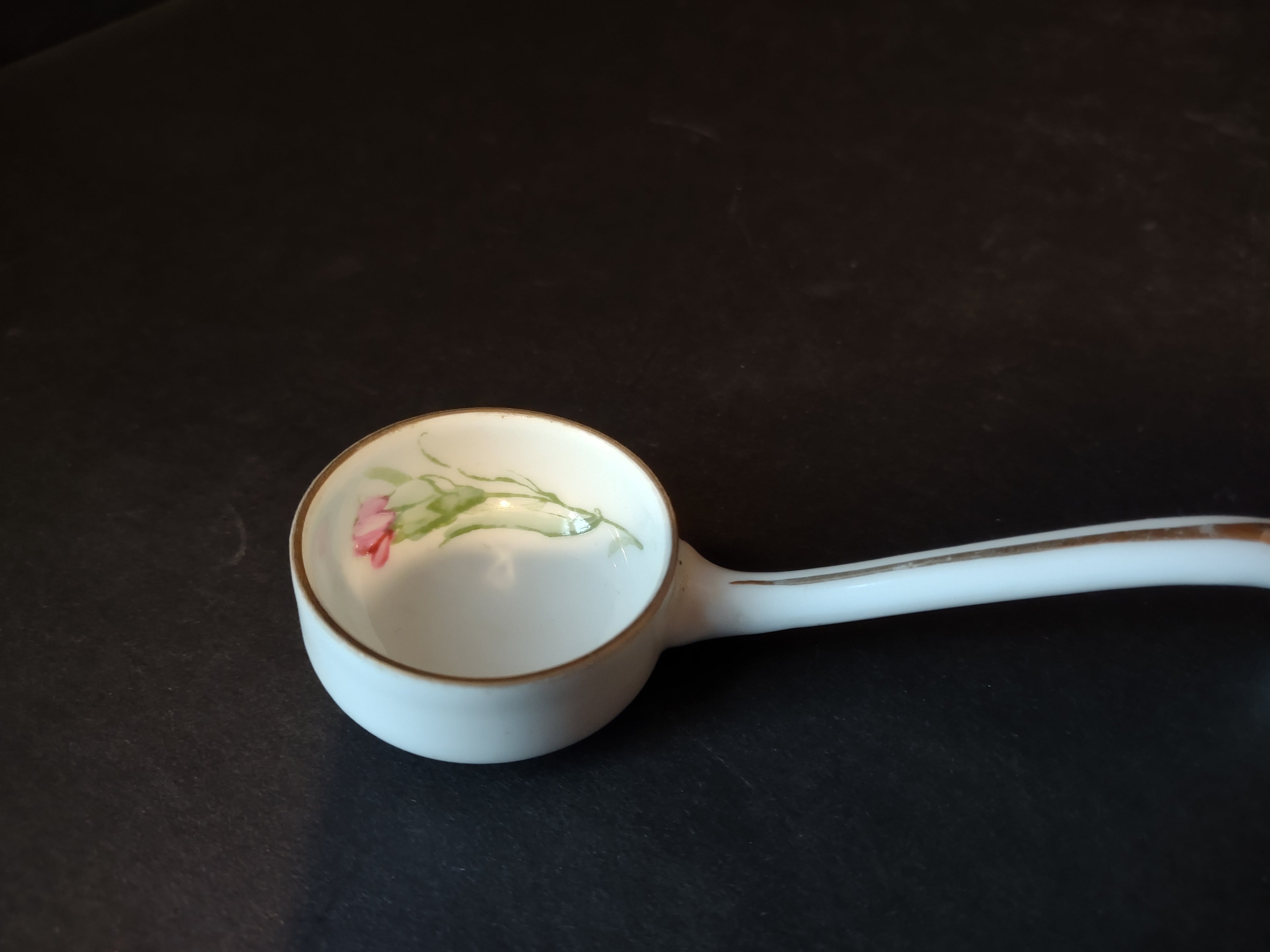 Vintage Small Spoon Ladle White Golden Trim Pink Flower (lot 5359)