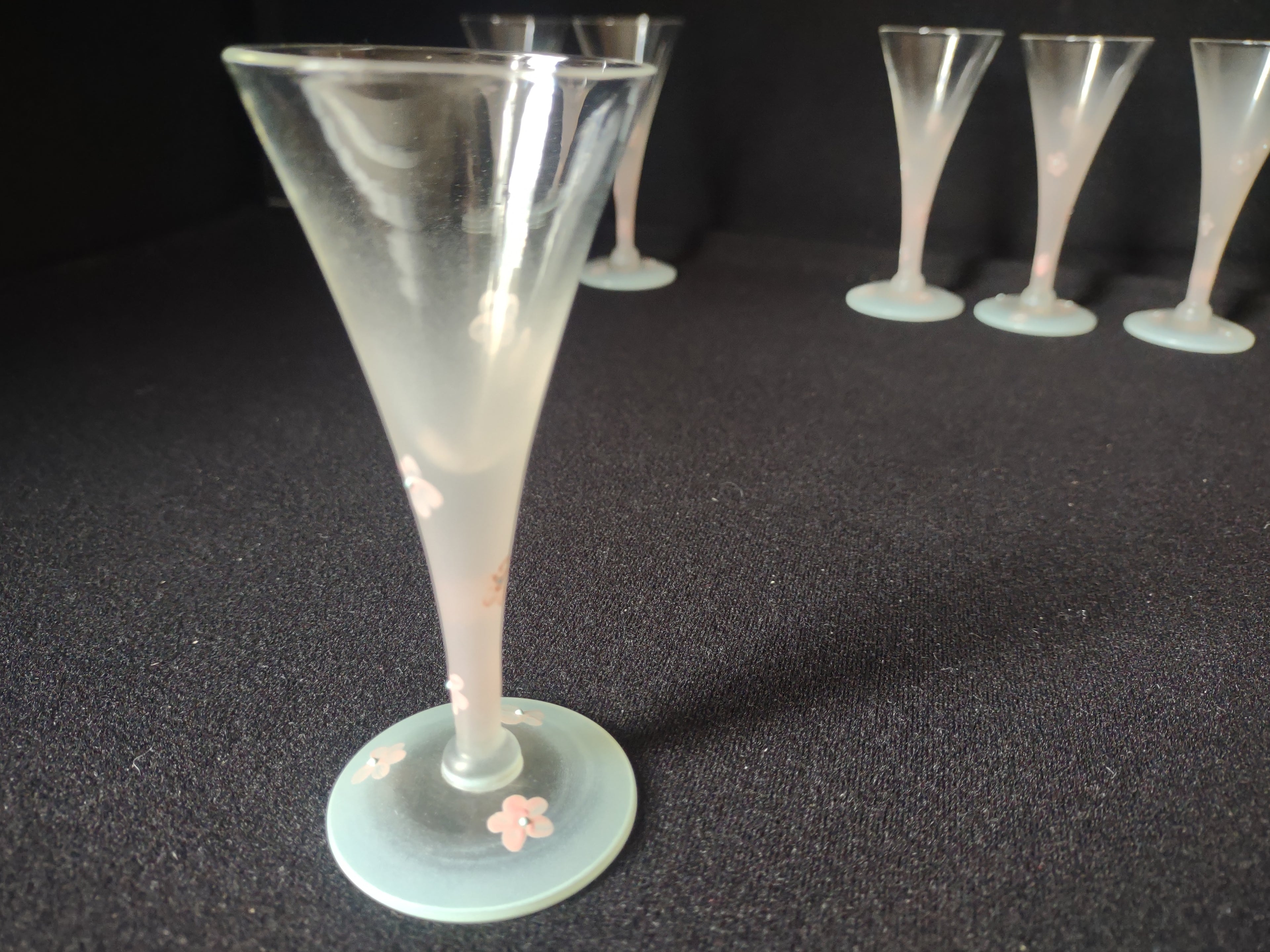 Set 6 Frosted Mini Small Martini Pink Flowers Hand Painted Vintage MCM (lot 2742