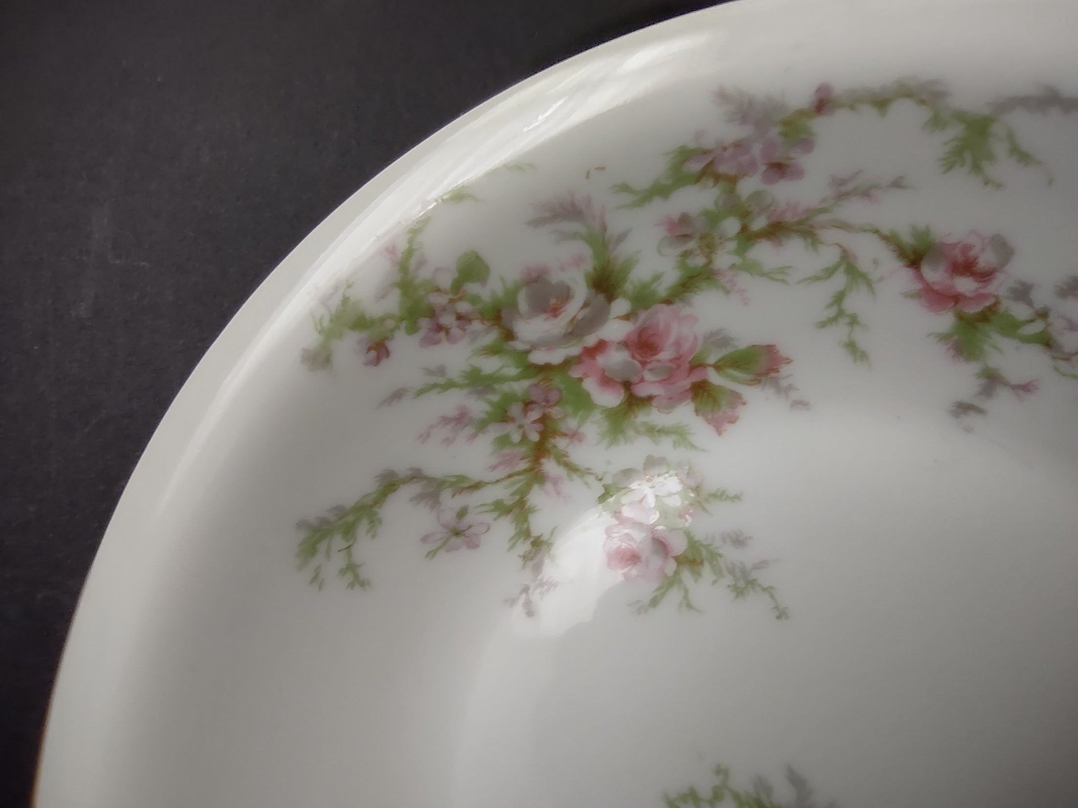 Haviland Limoges Cream SoupBowl Plate Pink White Cabbage Rose Moss (lot 906)