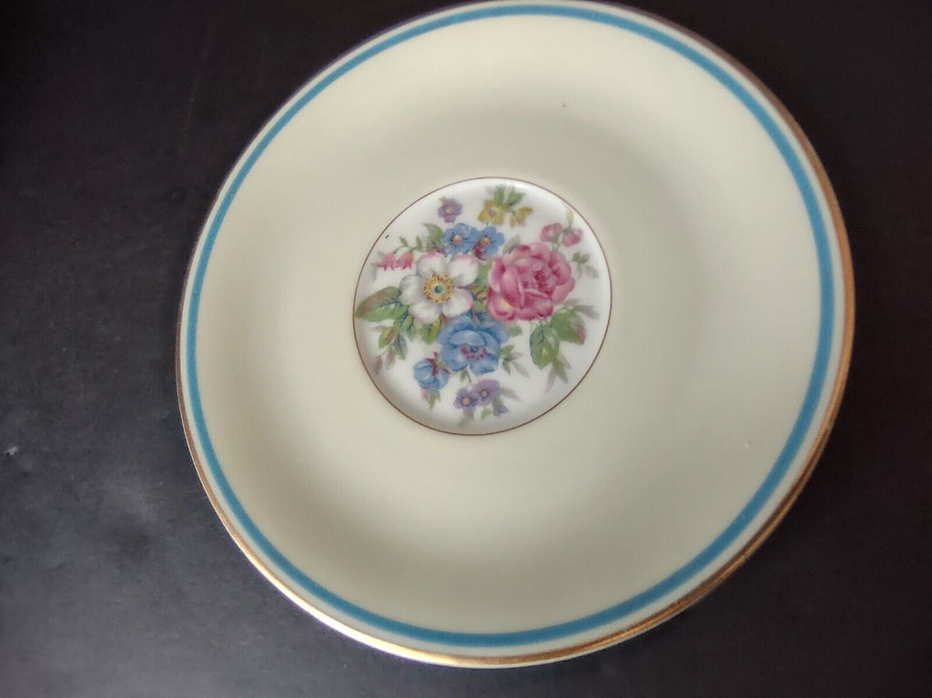 Ahrenfeldt Limoges France Bouillon Cup & Saucer Gold Blue Trim Rose (lot 737)