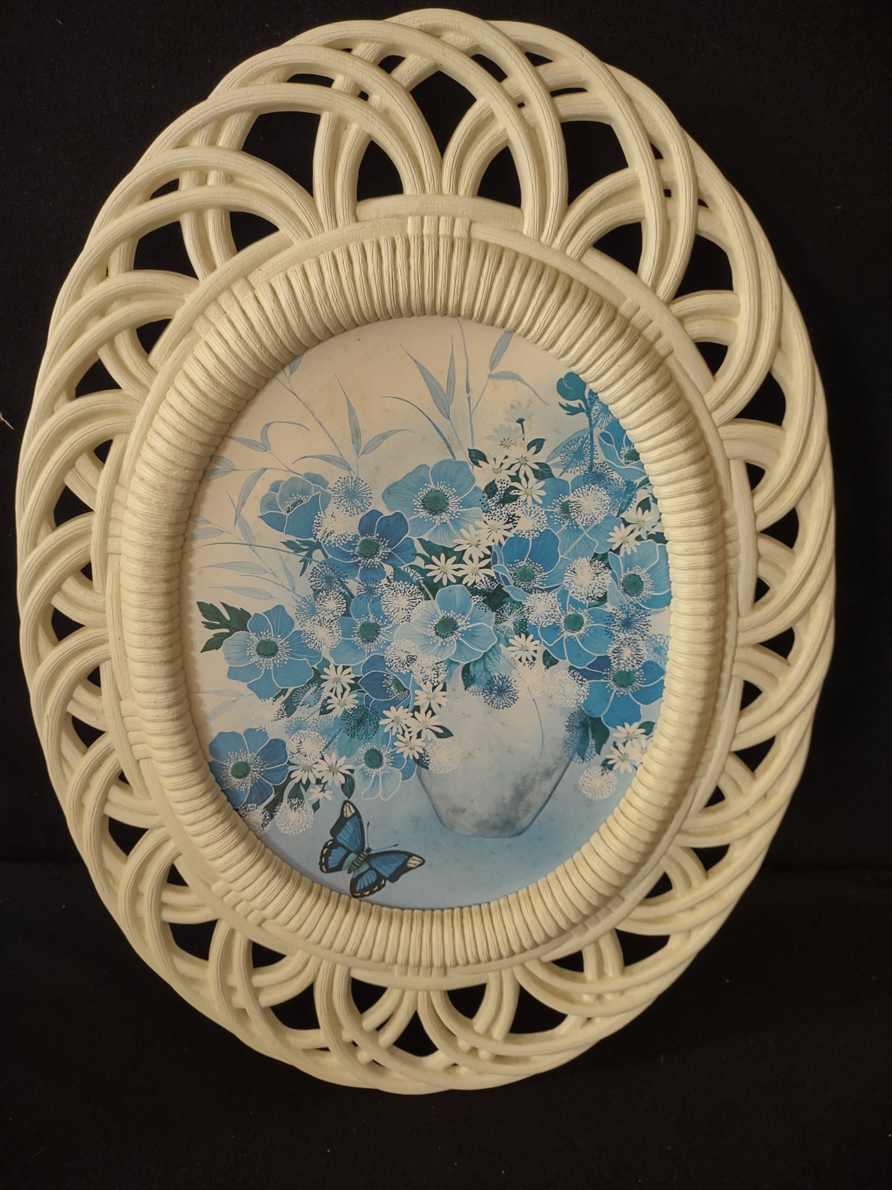 Vintage Burwood Faux Bamboo Blue Floral Pictures 17 X 12.5 Set Of 2 (Lot 3873)