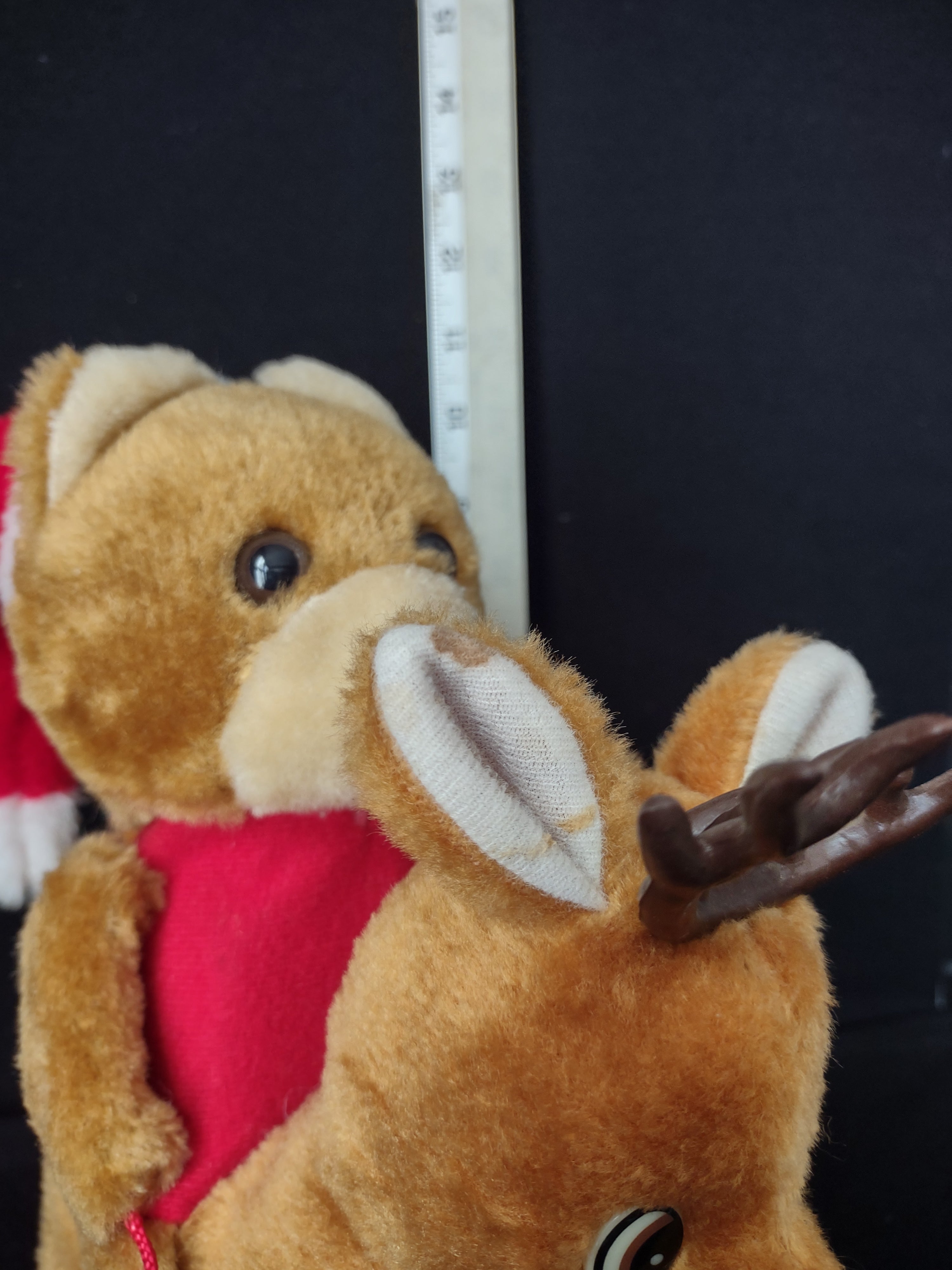 Vintage Christmas Plush Musical Teddy Bear Riding Reindeer Nose Lights Up (lot 2349)