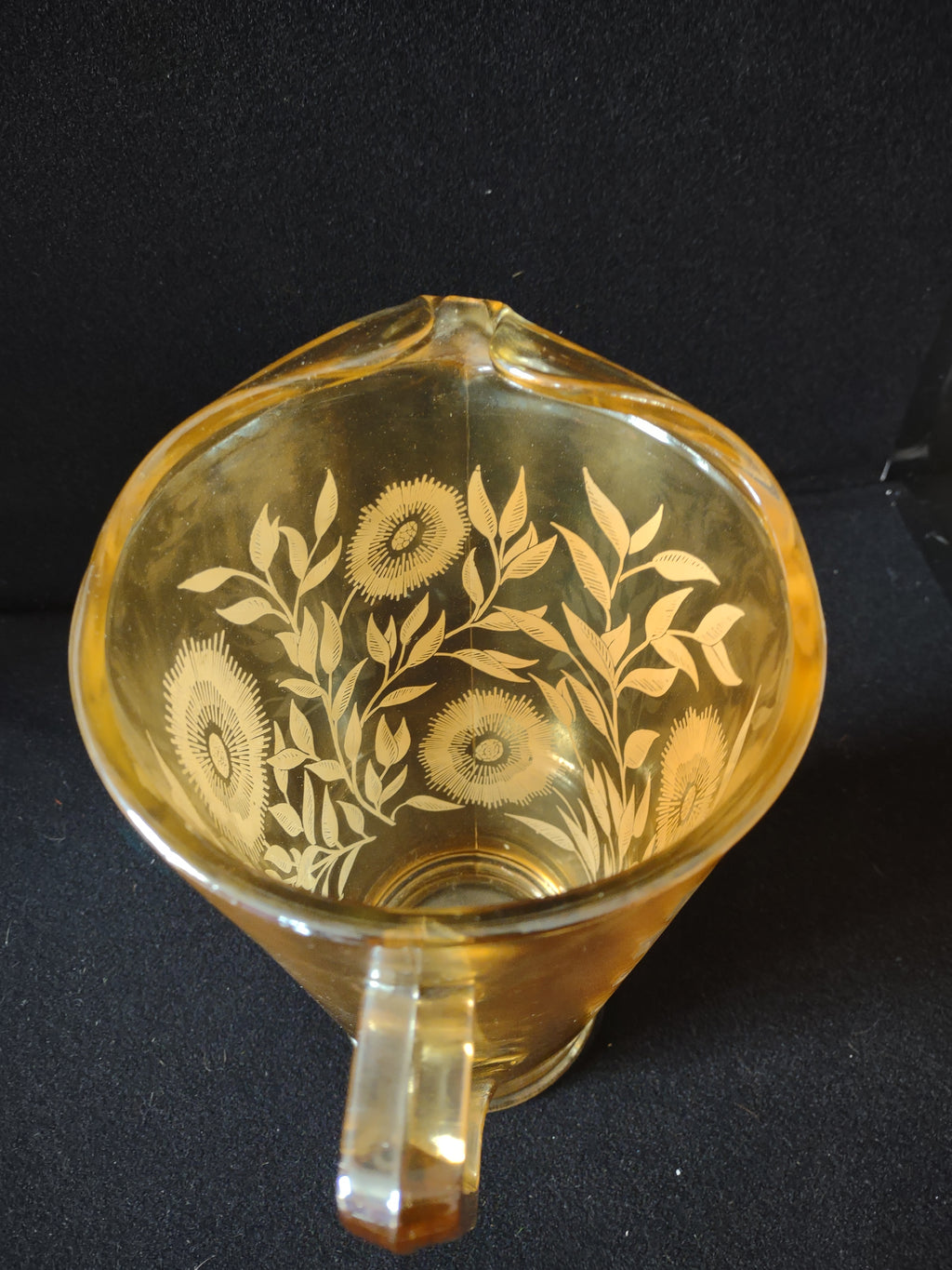 Vintage Jeannette Marigold Carnival Glass Pitcher Amber White Floral (Lot 5124)