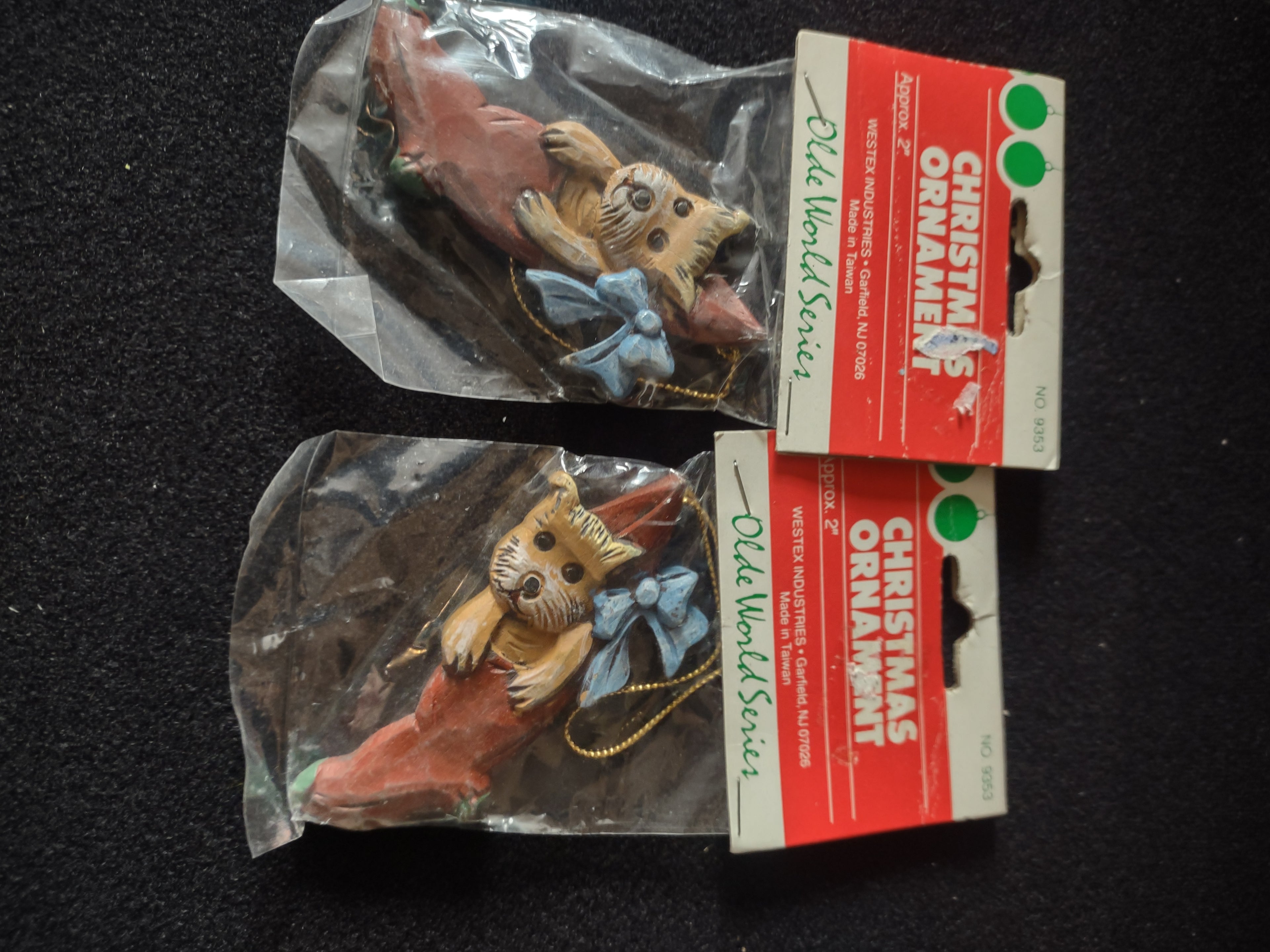 Vintage Westex Christmas Ornaments Dog Stocking Blue Bow Set Of 2 (Lot 4683)