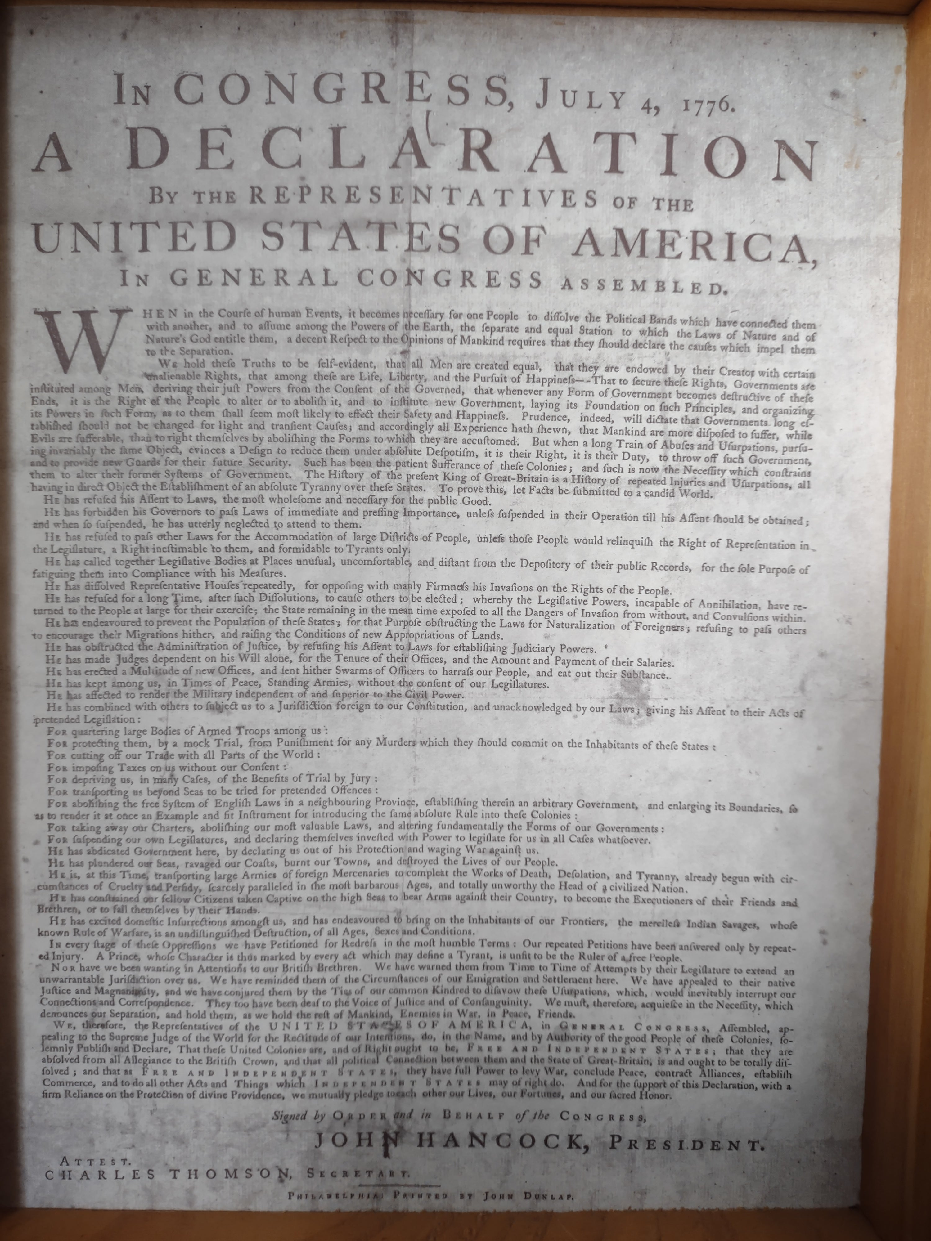 Framed Declaration by the Representatives of the USA 12" x 9-12" (lot 2785c )