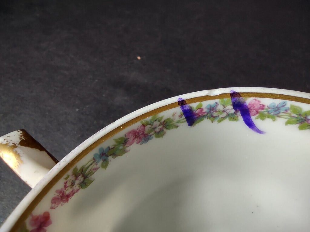 Haviland Limoges Gold Trim Pink Flower Garland Teacup & Saucer IMPERFECT lot 707