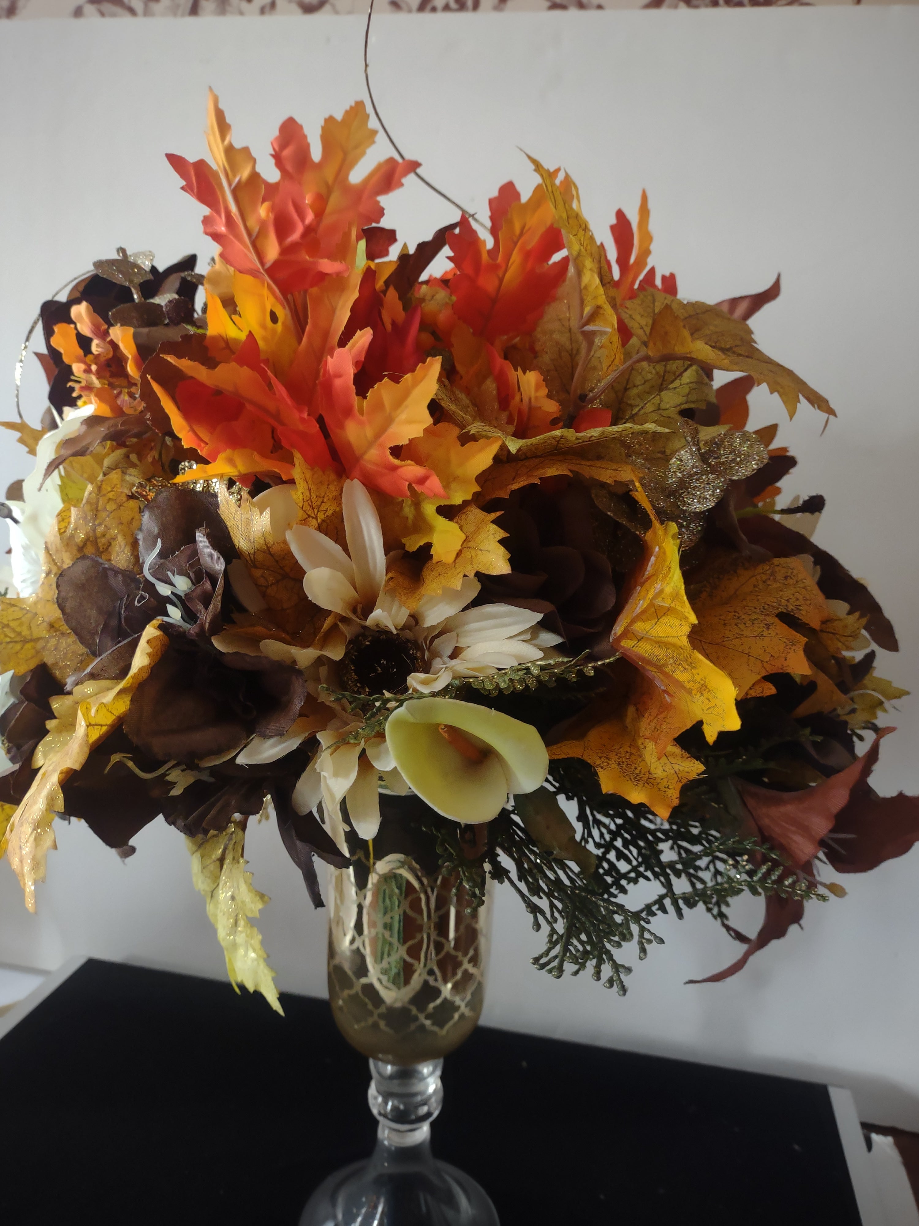 Thanksgiving/Fall Artificial Flower Centerpiece Hurricane Shaped Vase(Lot 3369)