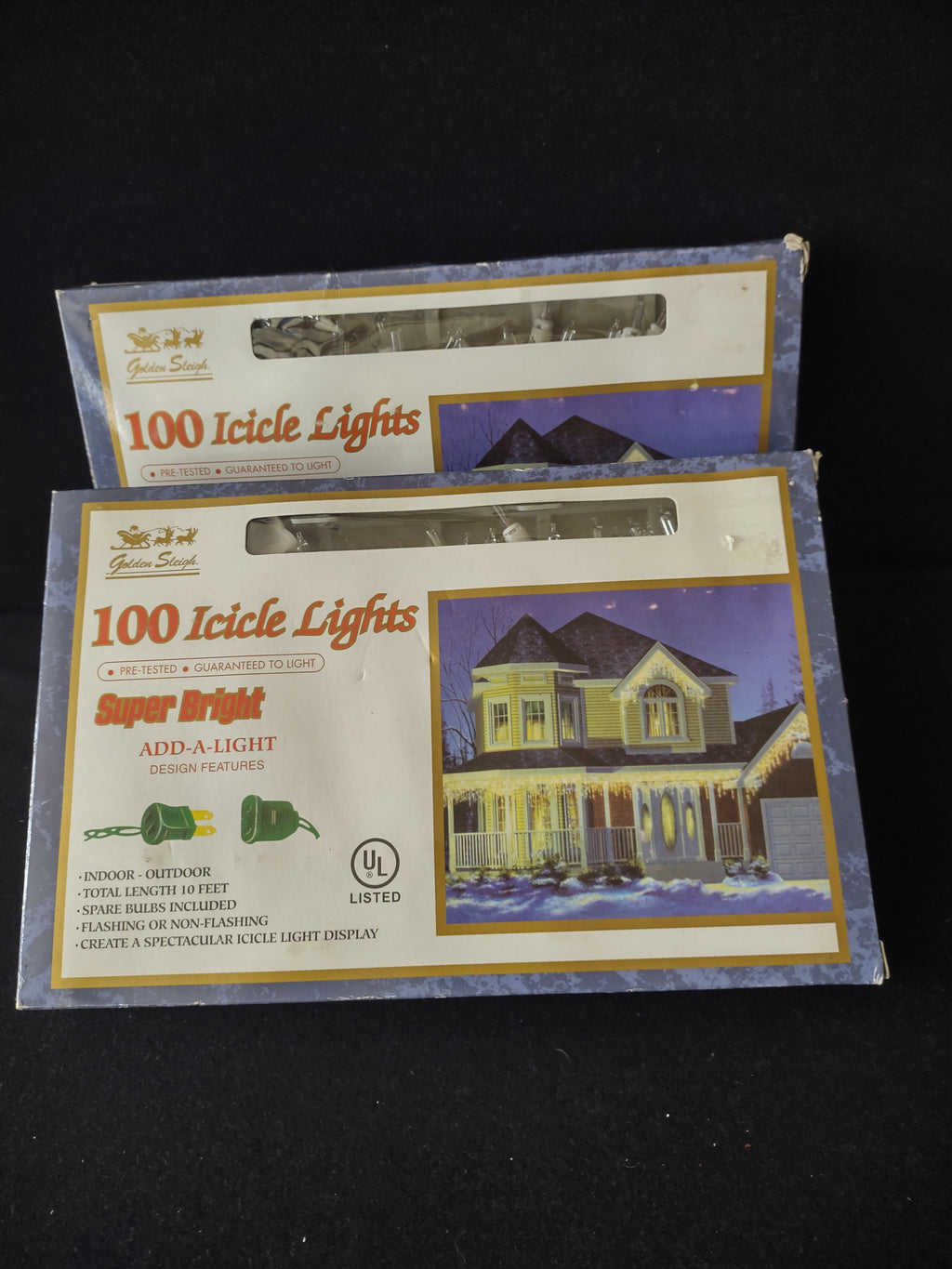 Vintage Golden Sleigh Christmas 100 Icicle Light 10 Ft Ea x 2 Clear (Lot 4189)