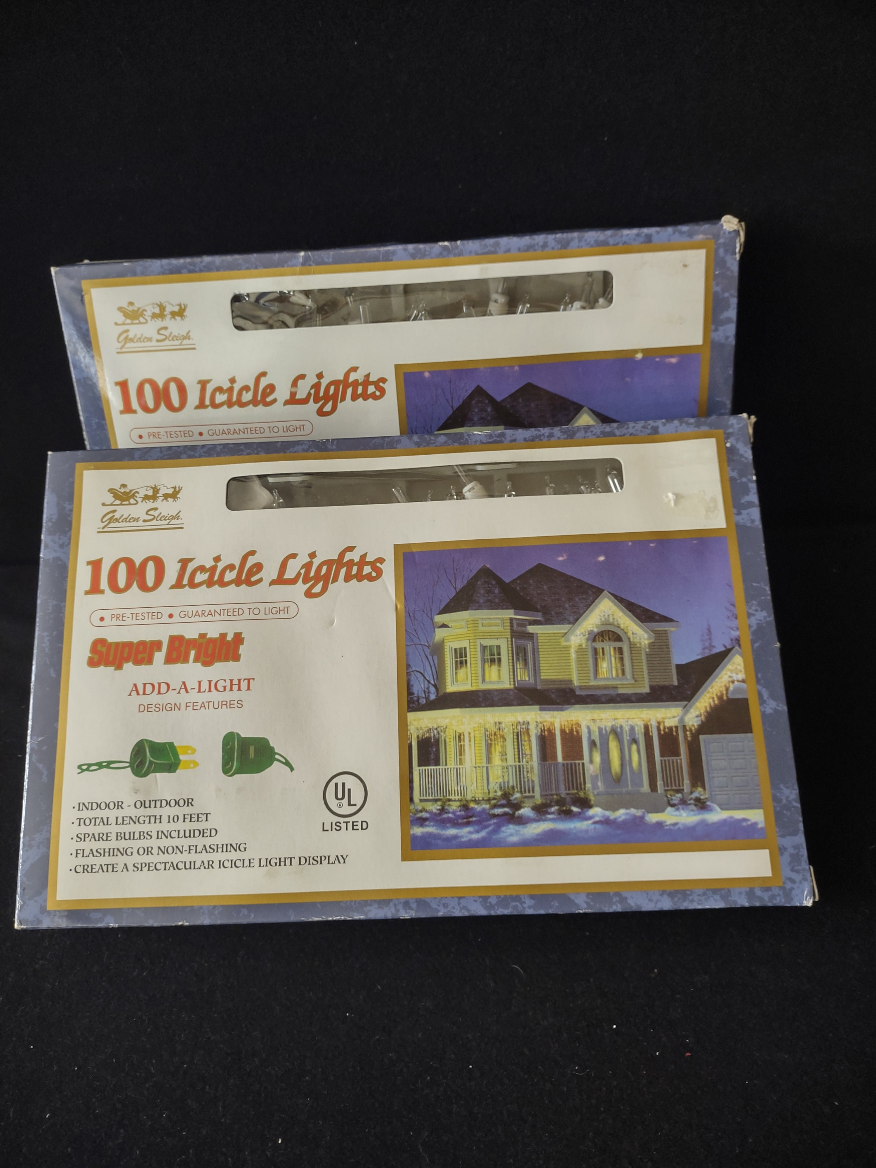 Vintage Golden Sleigh Christmas 100 Icicle Light 10 Ft Ea x 2 Clear (Lot 4189)