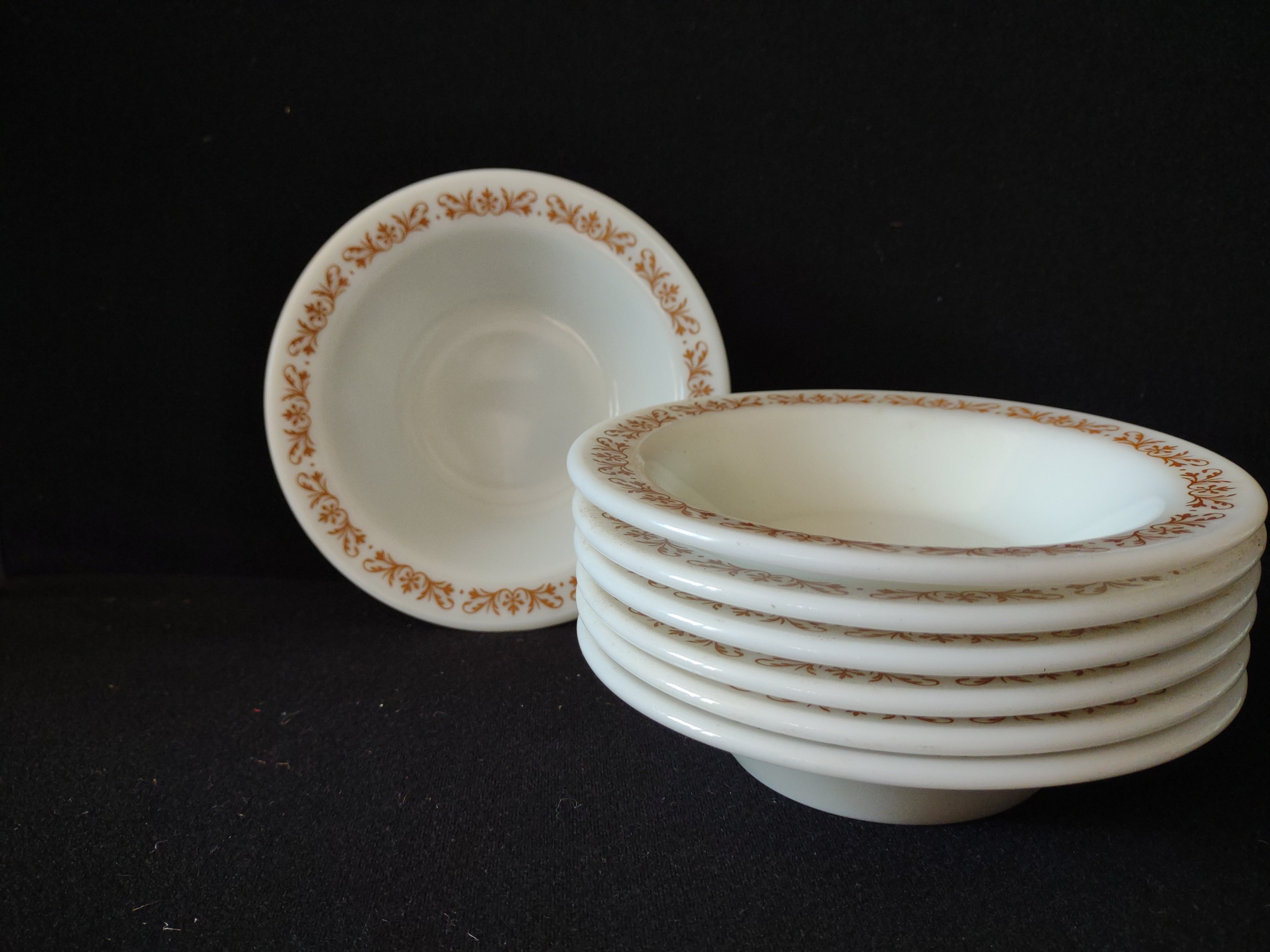Vintage Pyrex Milk Glass USA Copper Filigree Cereal Bowl x 7 (lot 5210)