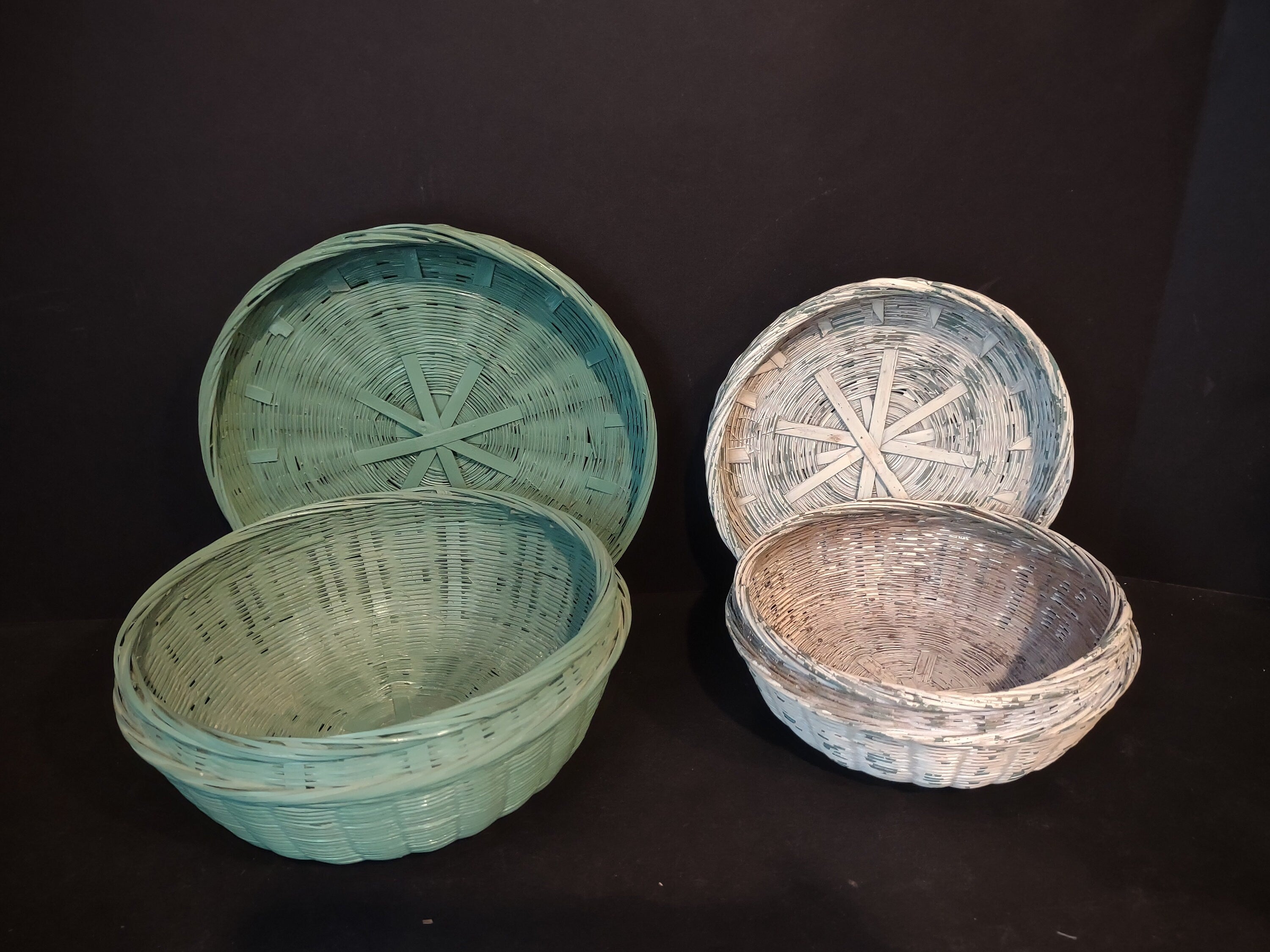 2 x Vintage Wicker Basket Painted Turquoise White Lids Rustic Primitive (1146)