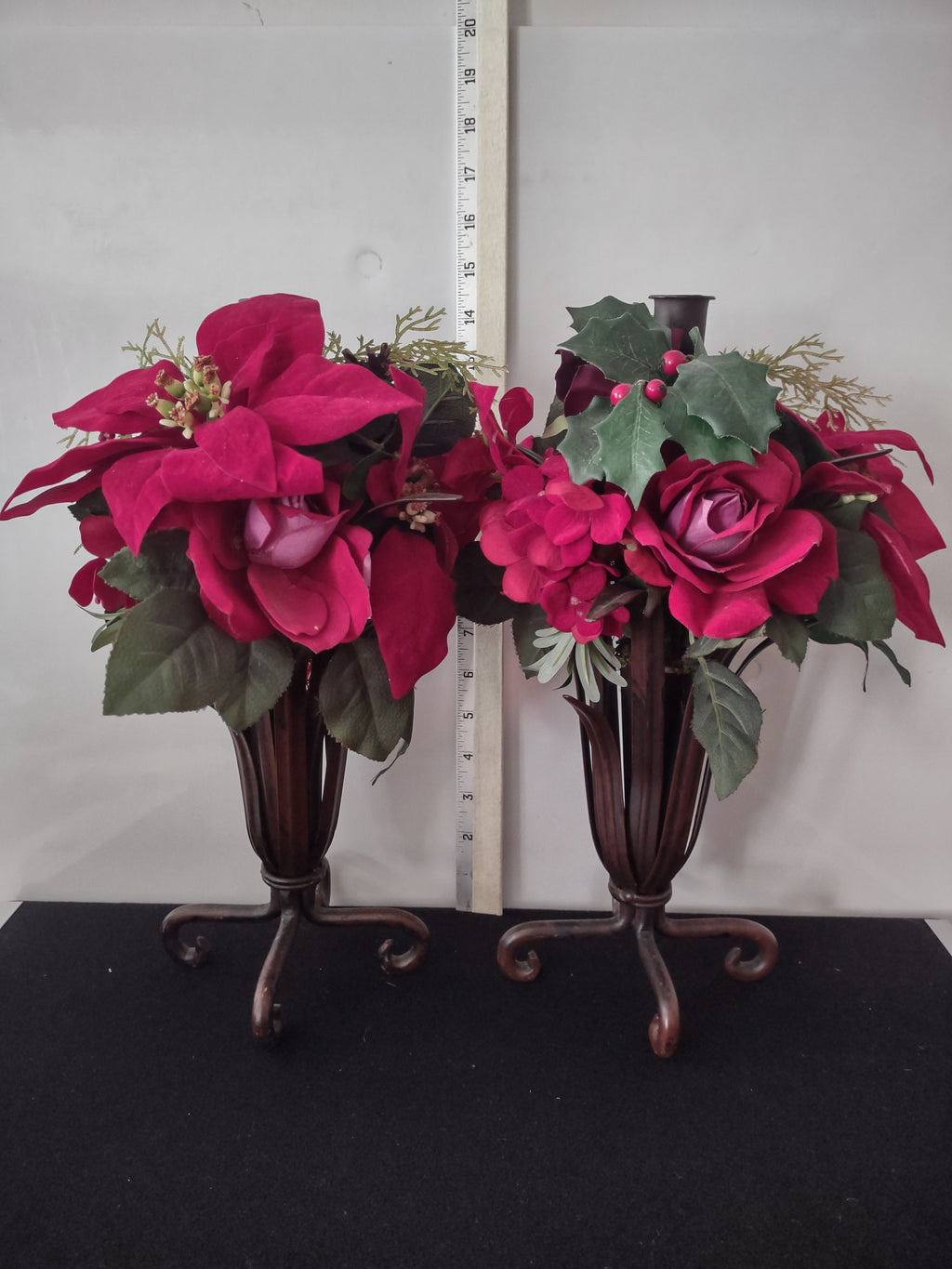 Vintage Poinsettia Hydrangea Christmas Metal Vase Taper Candle Holders (Lot 4083