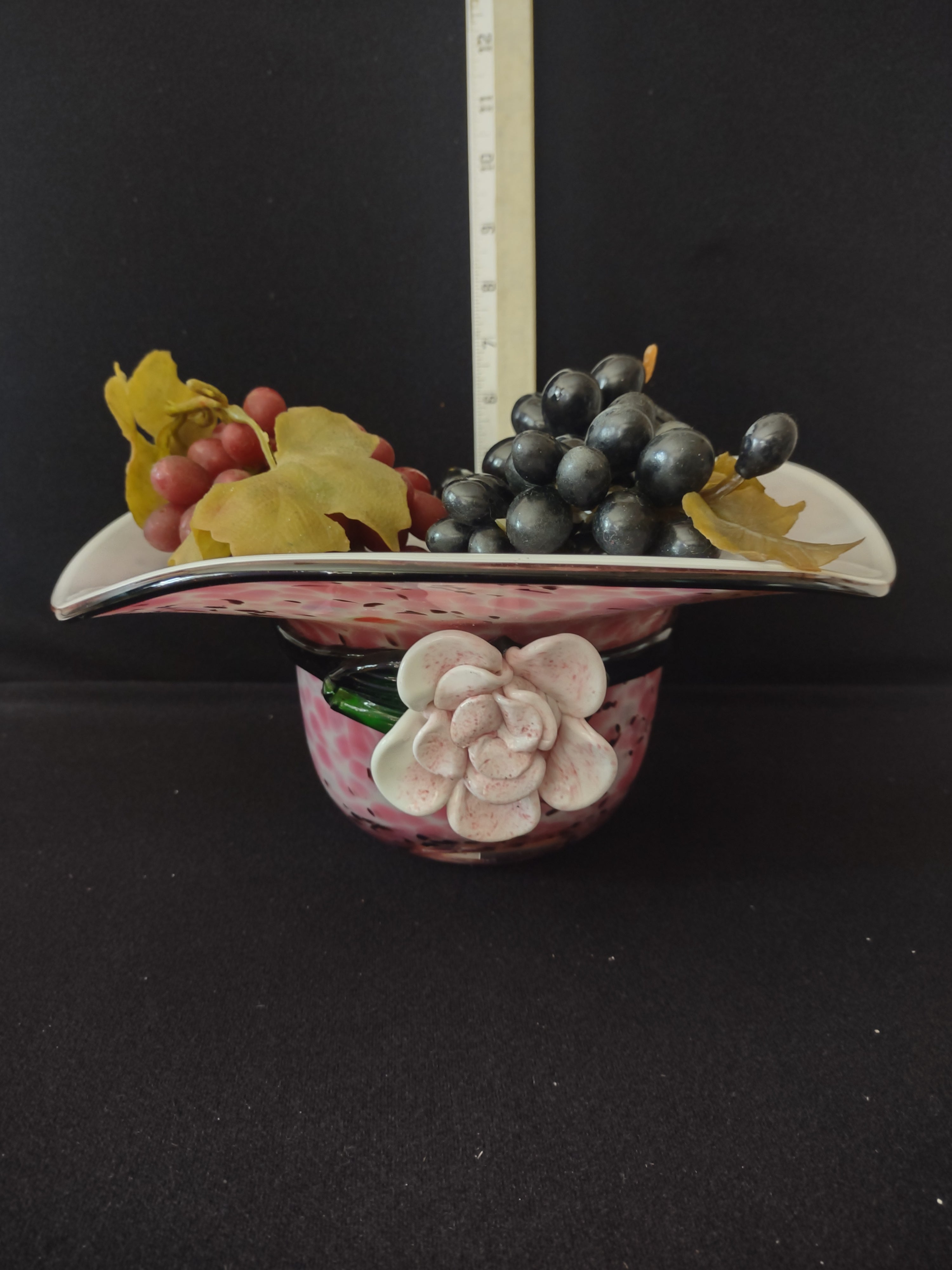 Millefiori Art Glass Block Crystal Pink Confetti Hat Fruit Bowl (Lot 3221)