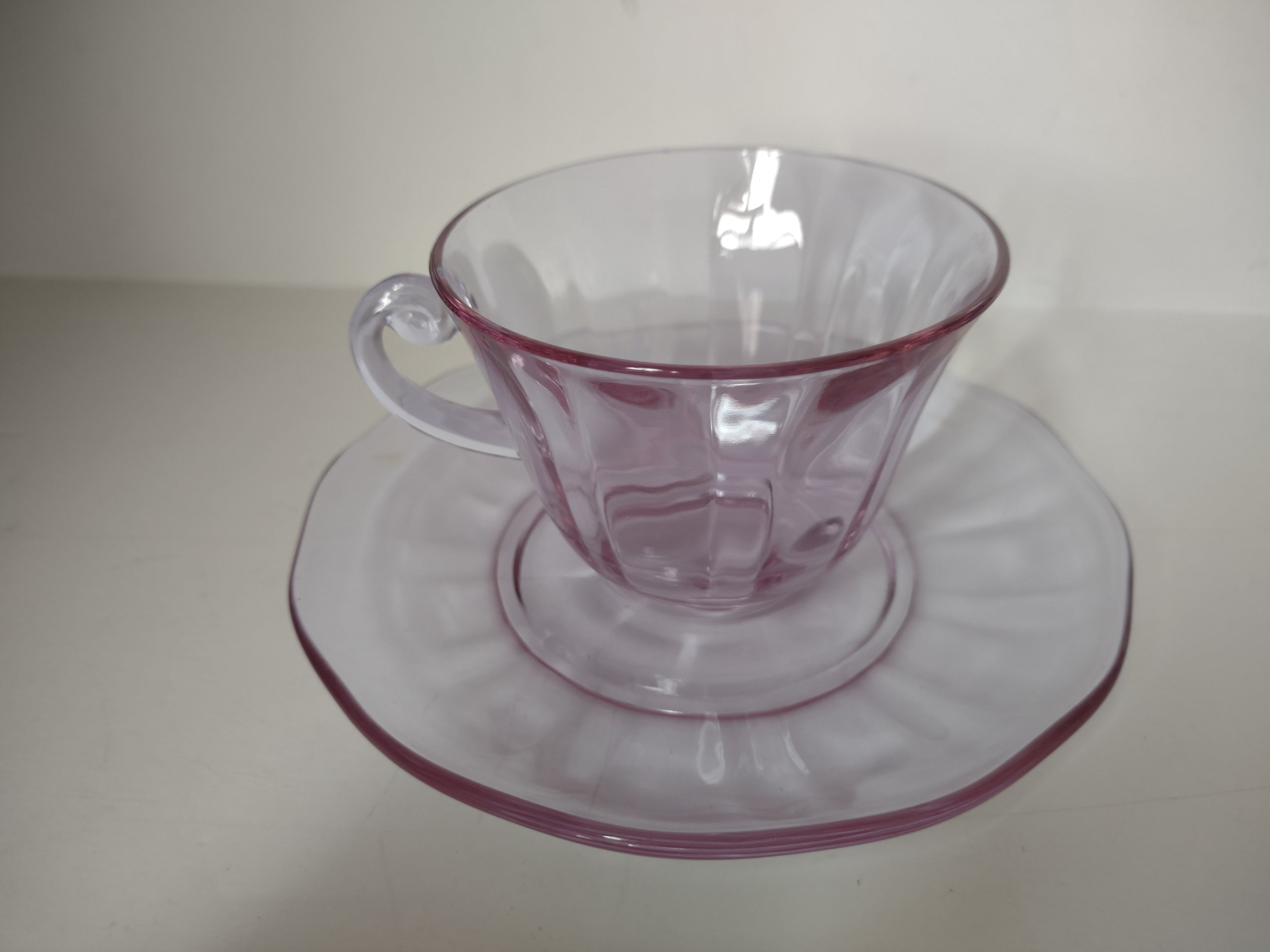 Fostoria Wisteria Lilac Lafayette Glass Teacup & Saucer Set Neodymium (lot 2730)