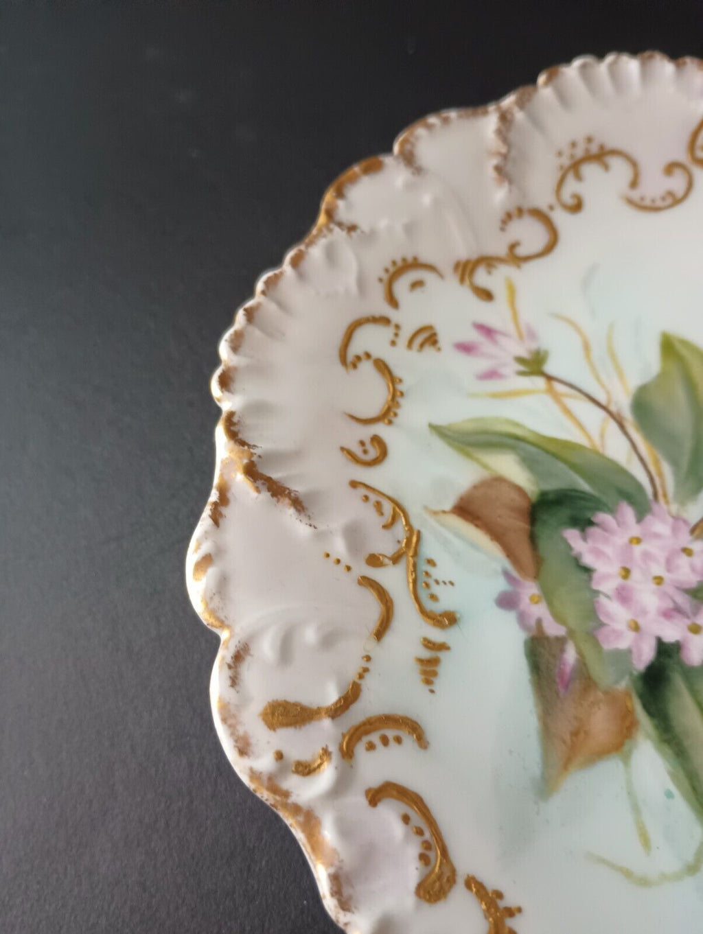 Limoges France JMC Plate Relief Molded Scrollwork Guild Gold Edge Pink (lot 366)