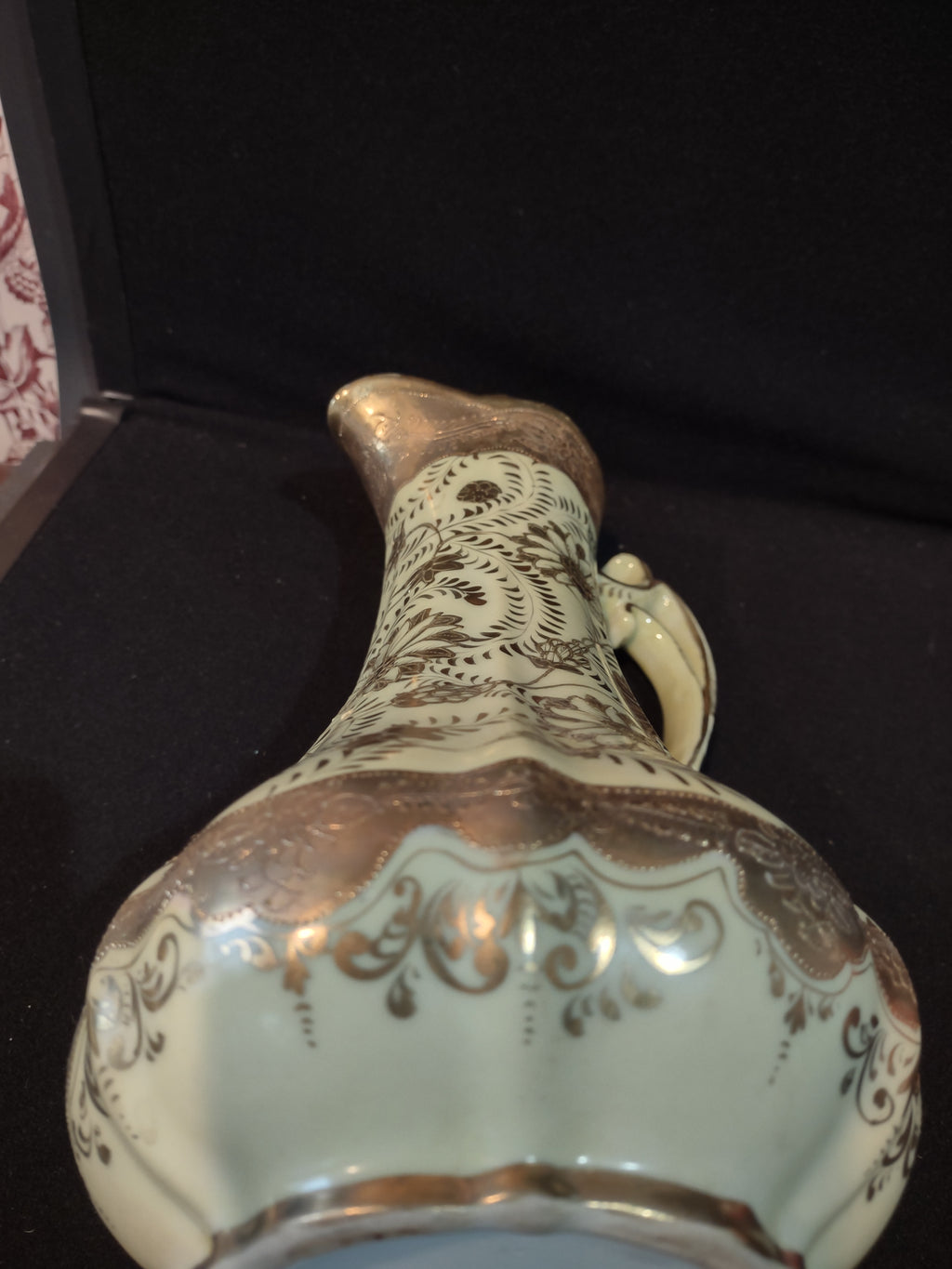 Vintage Ewer Pitcher Lime Golden Trim Floral Design Ornate Handle (Lot 5229)