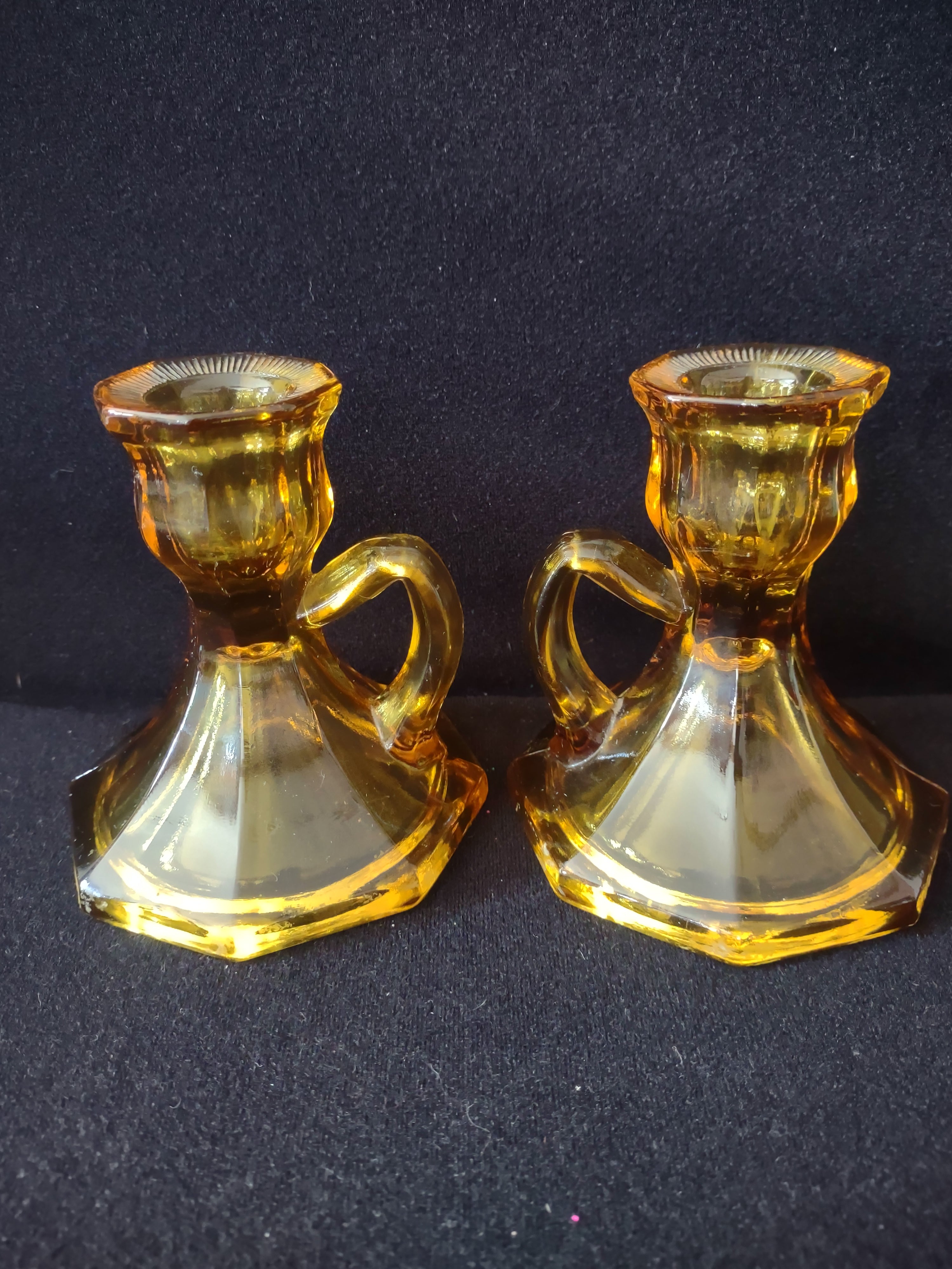 Vintage Amber Glass Taper Candlestick Holders Finger Loops X 2 (Lot 4199)