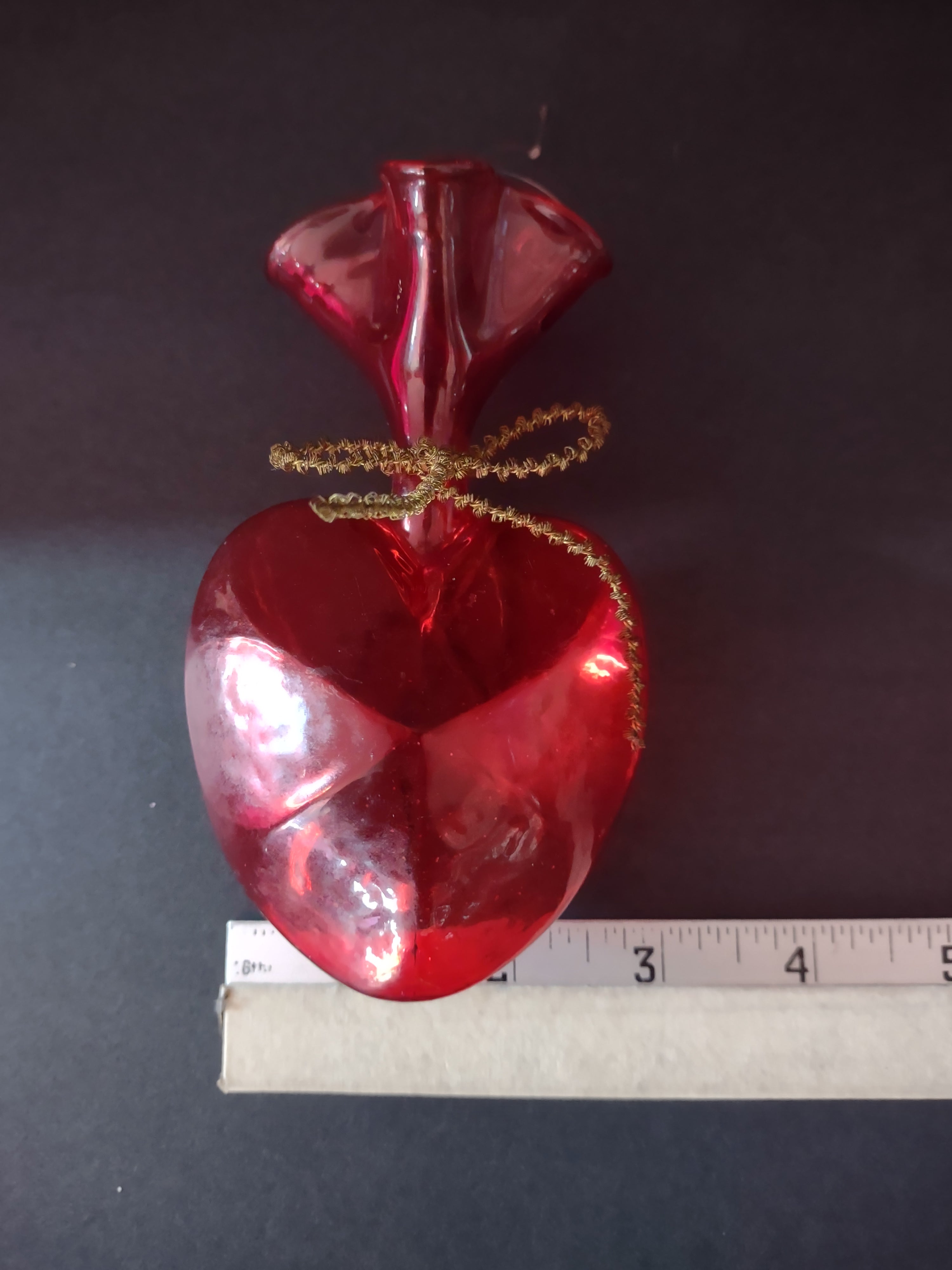 Vintage Valentine Translucent Red 3D Heart Pouch Ornament Glass (Lot 4747)