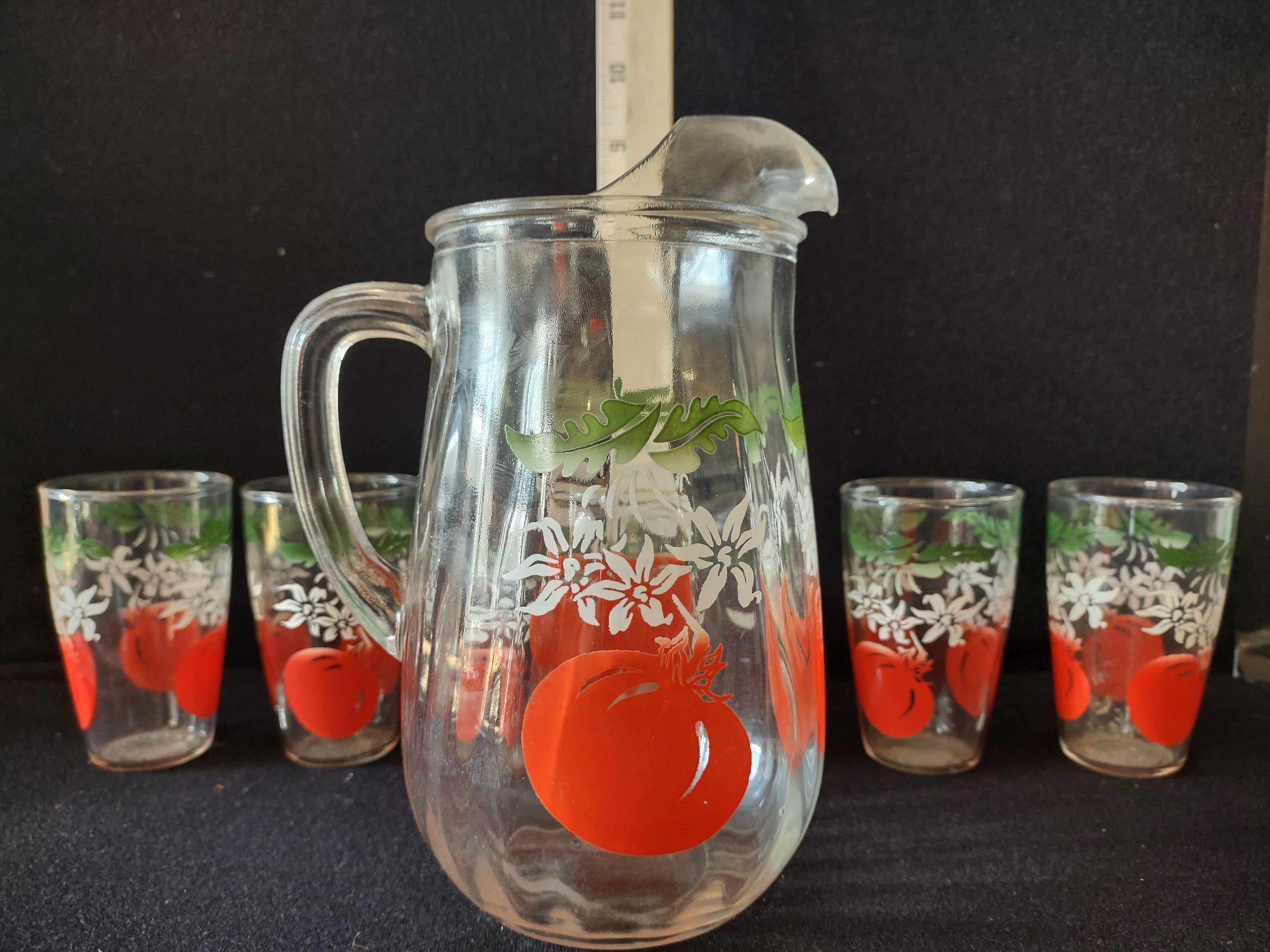 Vintage MCM Bartlett Collins Tomato Pitcher Drinking Glass x 6 (lot 5168)