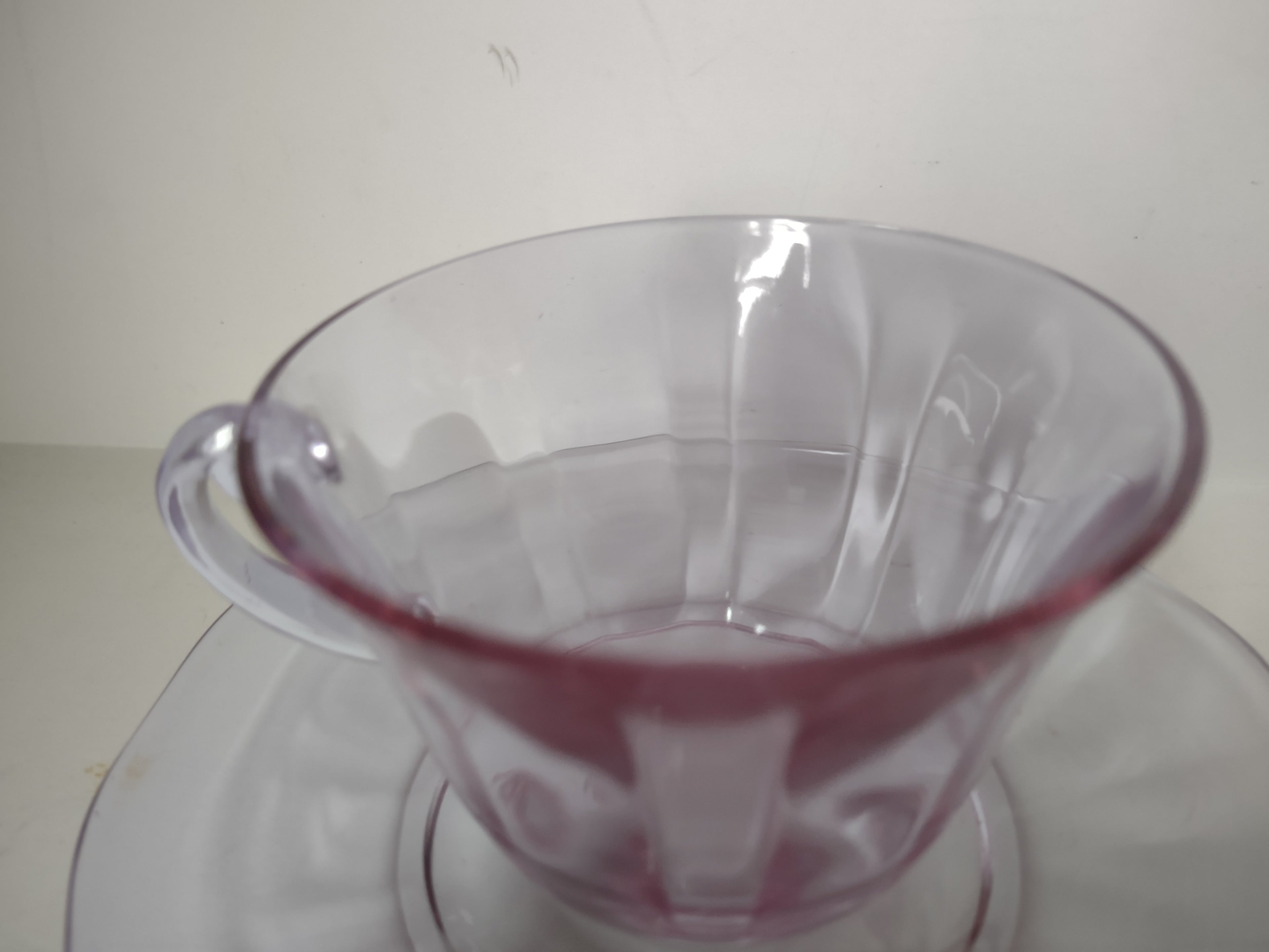 Fostoria Wisteria Lilac Lafayette Glass Teacup & Saucer Set Neodymium (lot 2730)