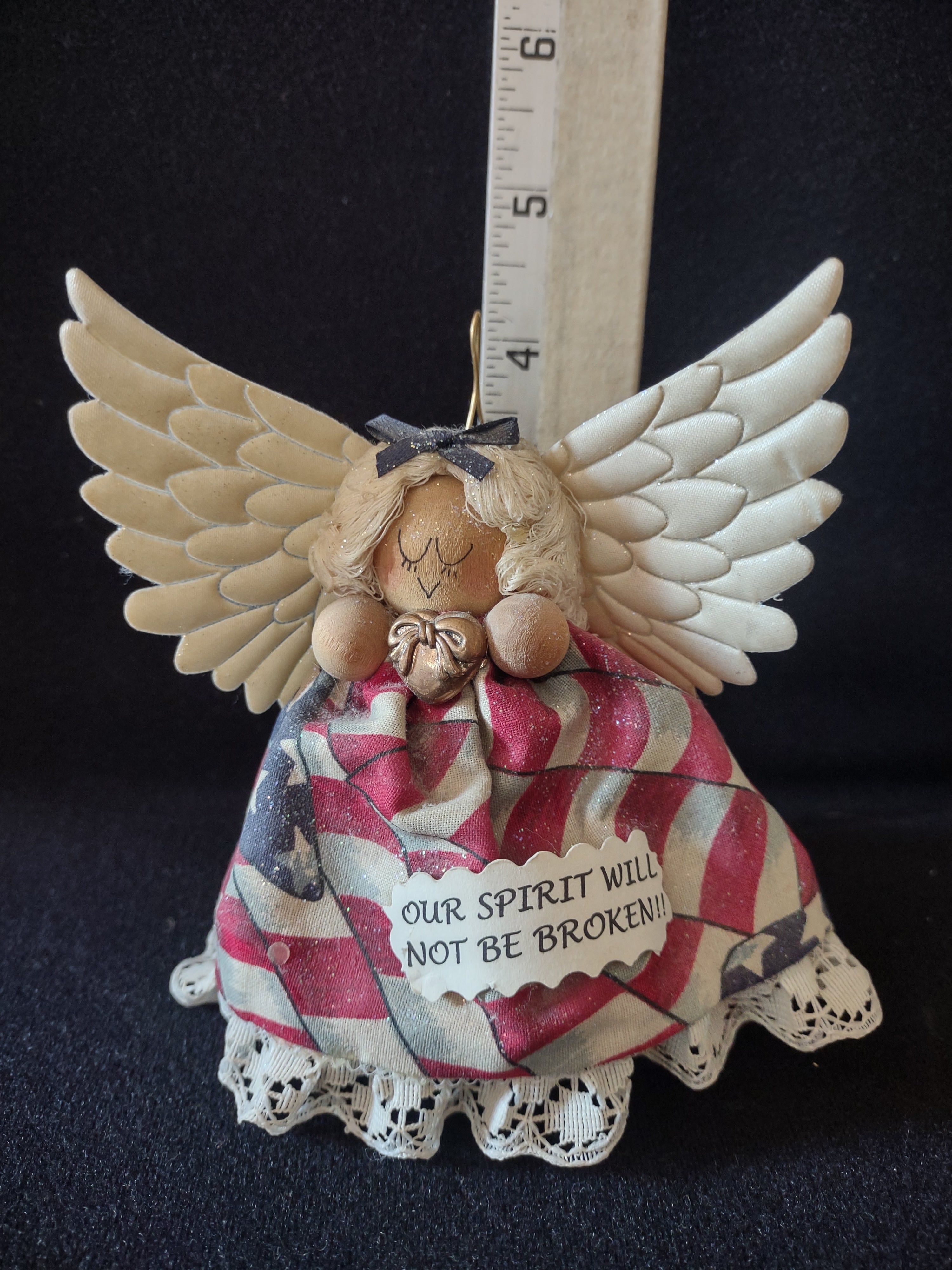 Handmade Christmas Patriotic Angel Ornament Red White Blue Gown Wings (Lot 4515)