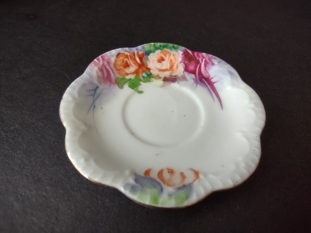Japan Miniature 1-3/8" Teacup & Saucer Pink Orange Purple Rose (lot 726)
