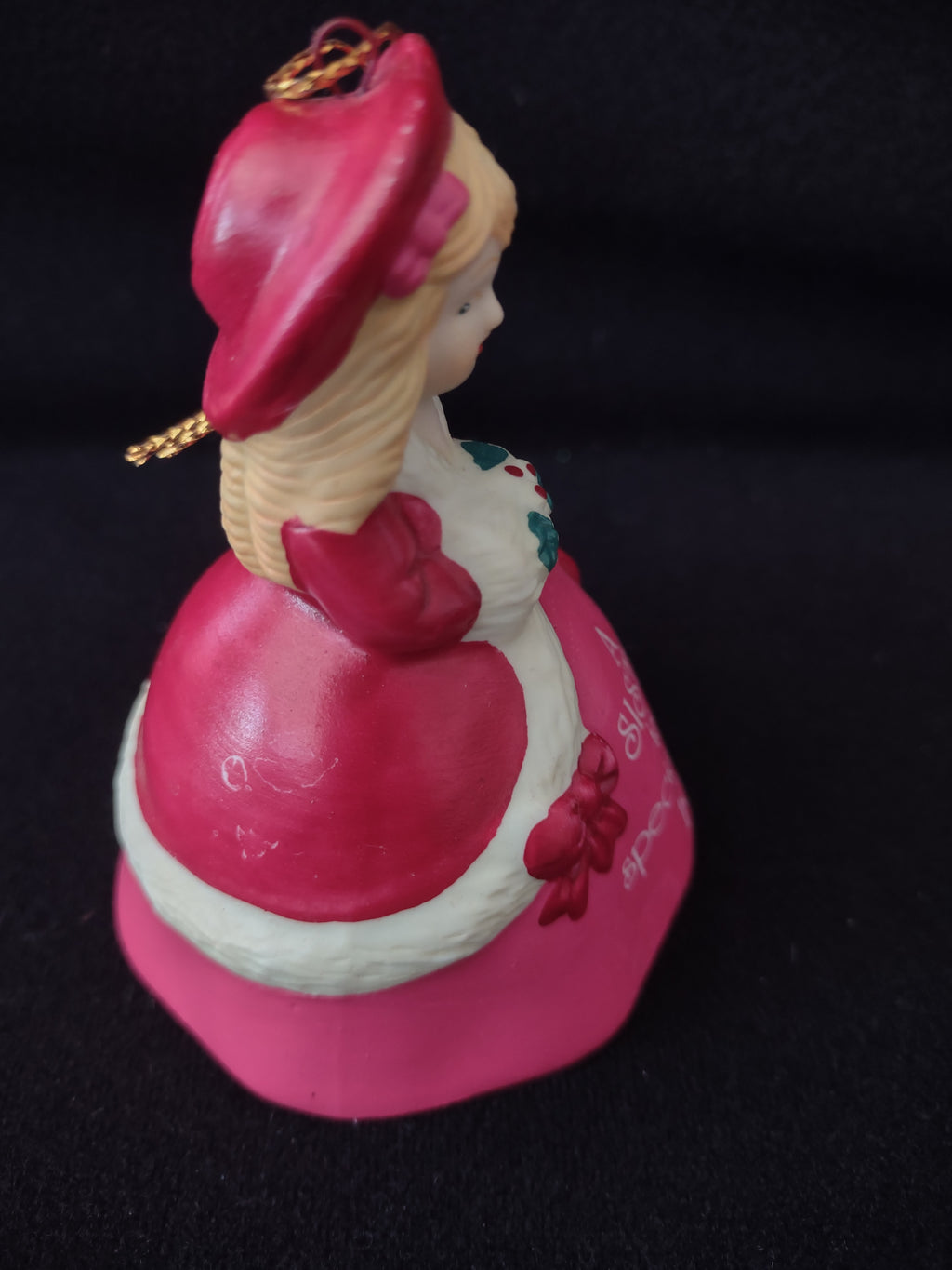 Vintage 1991 Special Sister Christmas Bell Ornament Red Coat Bows Holly (Lot4171