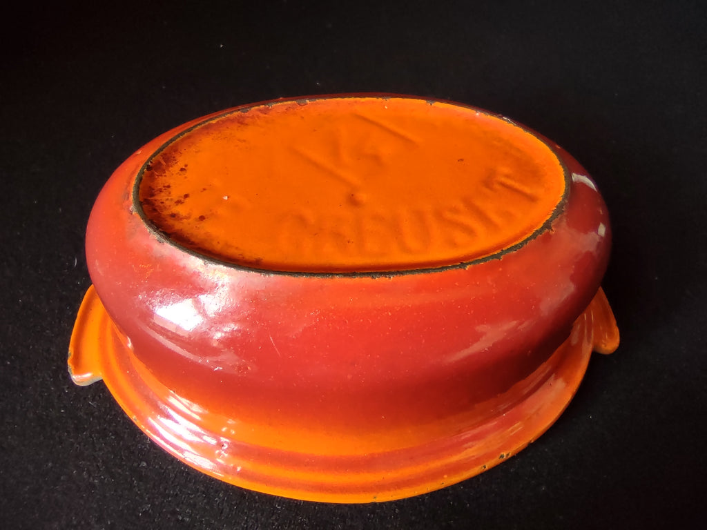 Vintage Le Creuset 14 Cast Iron Enameled Orange Backing Dish 5-1/2" (lot 2776c)