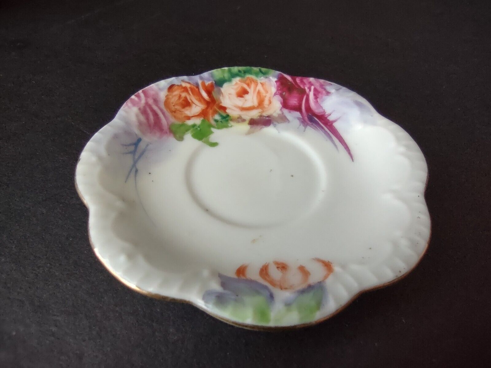 Japan Miniature 1-3/8" Teacup & Saucer Pink Orange Purple Rose (lot 726)