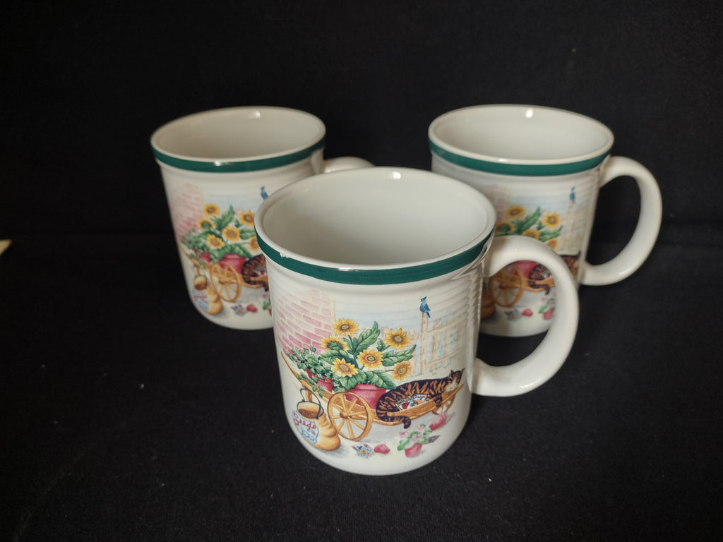 Cat Nap Country Green Band Cup Mug x 3 Stoneware Thailand (lot 2855c)