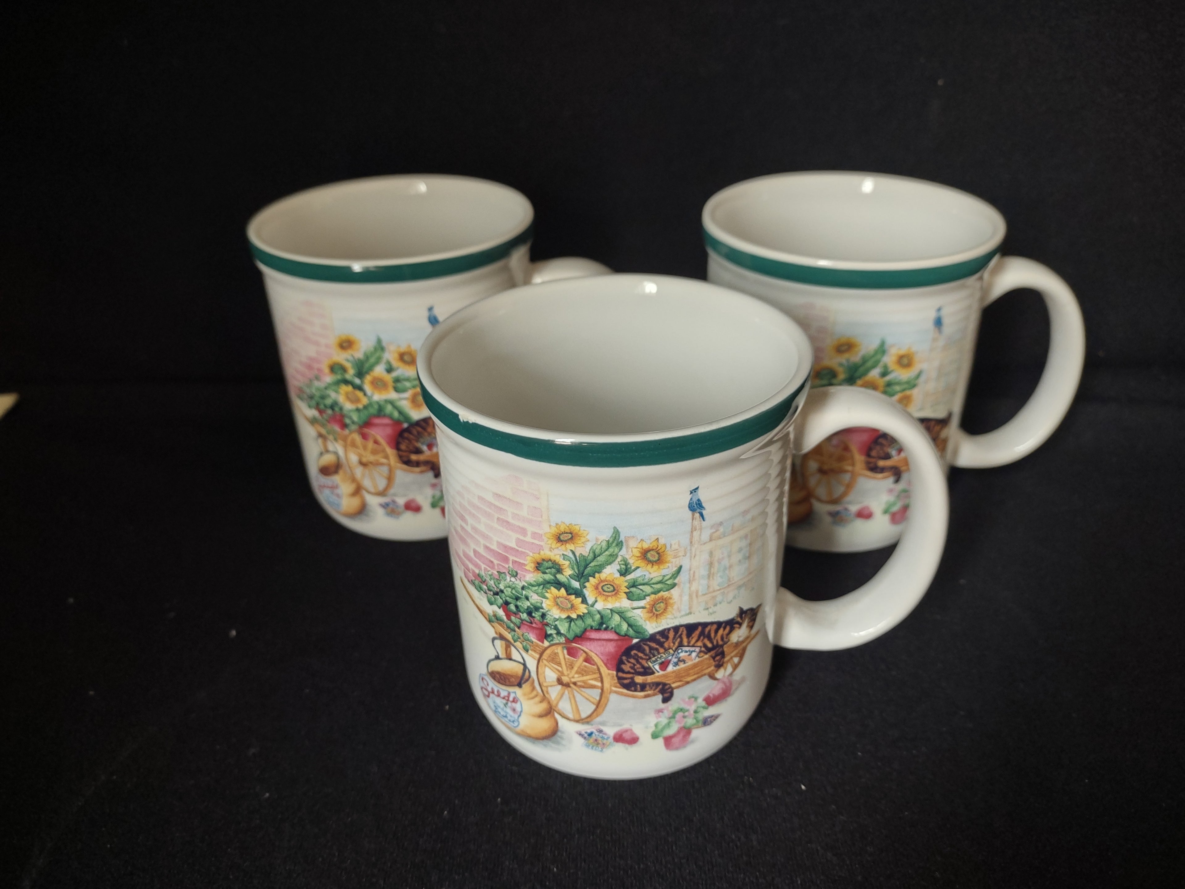 Cat Nap Country Green Band Cup Mug x 3 Stoneware Thailand (lot 2855c)