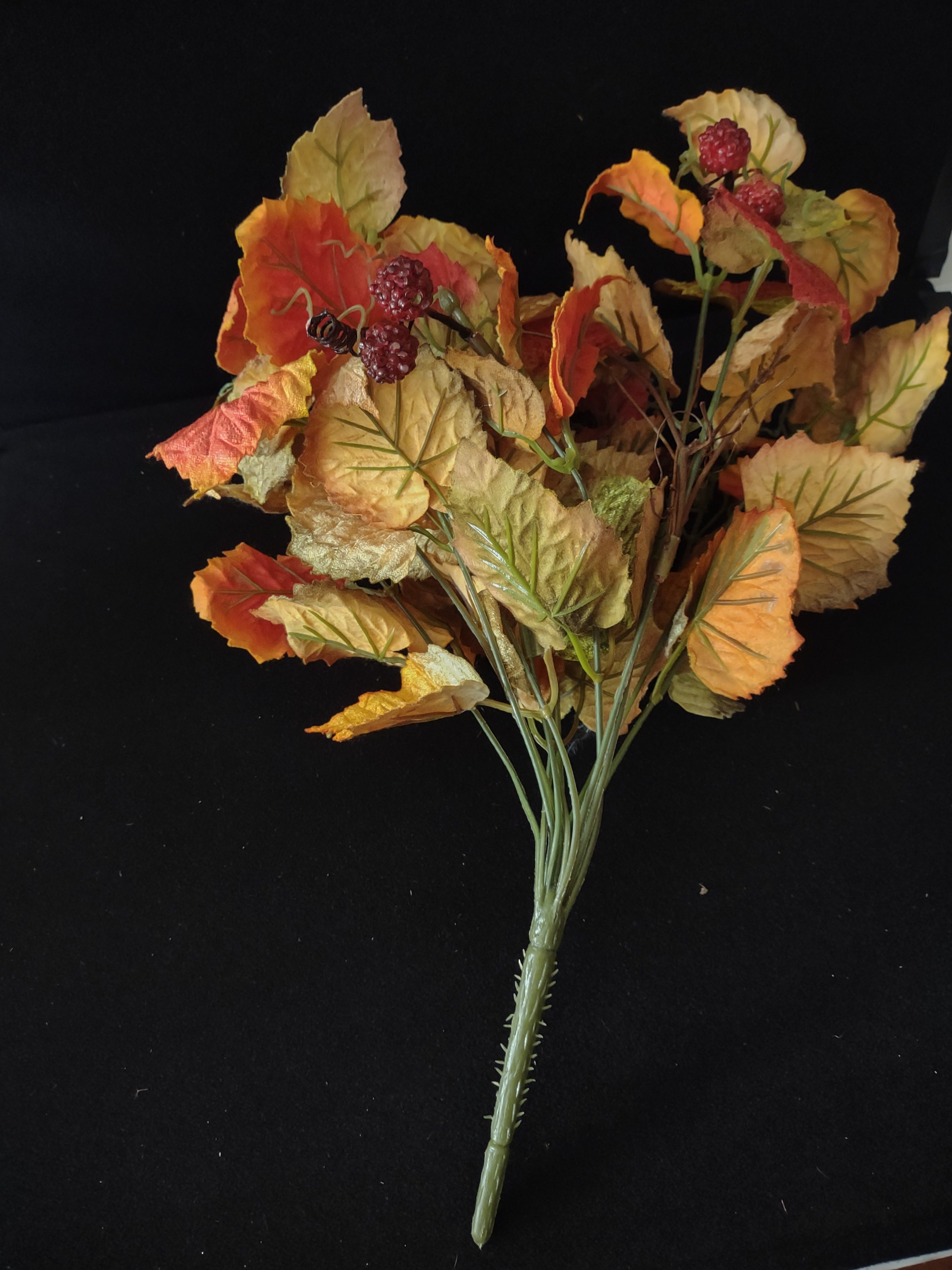 Thanksgiving Fall 16" Orange Yellow Leaves And Berries 1 Twig (Lot 3545)
