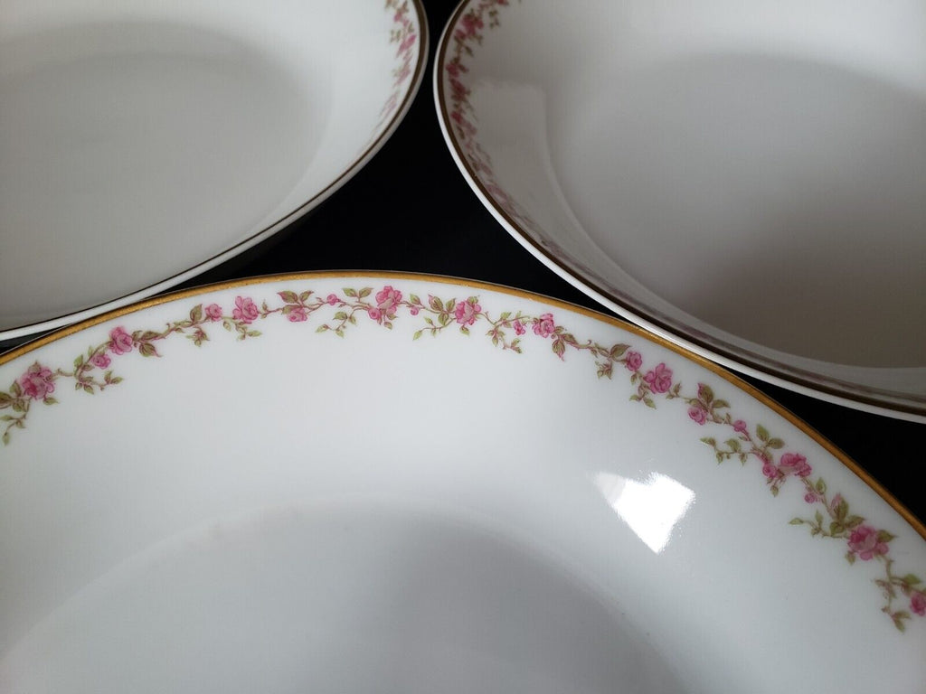 Haviland Limoges France 3 x Coupe Soup Plate Gold Trim Pink Rose Garland lot 568