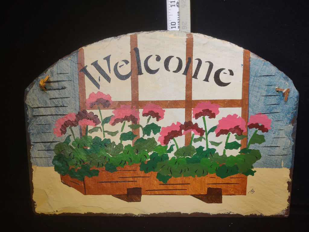 Vintage Slate Stone Painted Flower Bed Welcome Sign 14" x 10" (lot 2685)