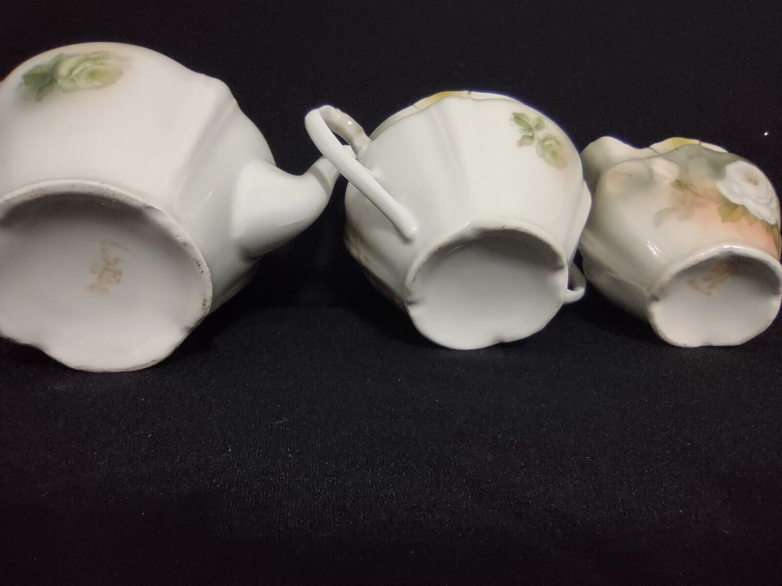Vintage Bavaria Teapot Creamer Sugar Dish White Rose Gold Trim (lot 240)