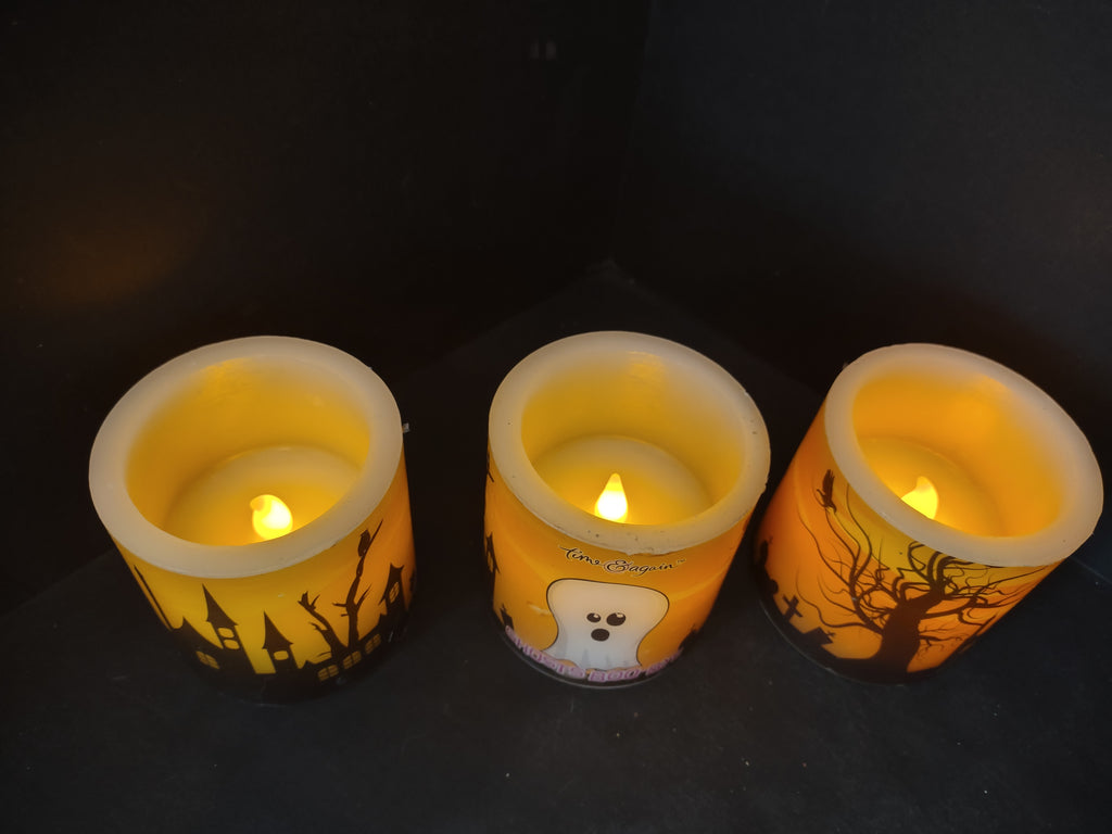 Vintage Set of 3 Halloween Flameless LED Candle Ganz Gosts (lot 2974j)