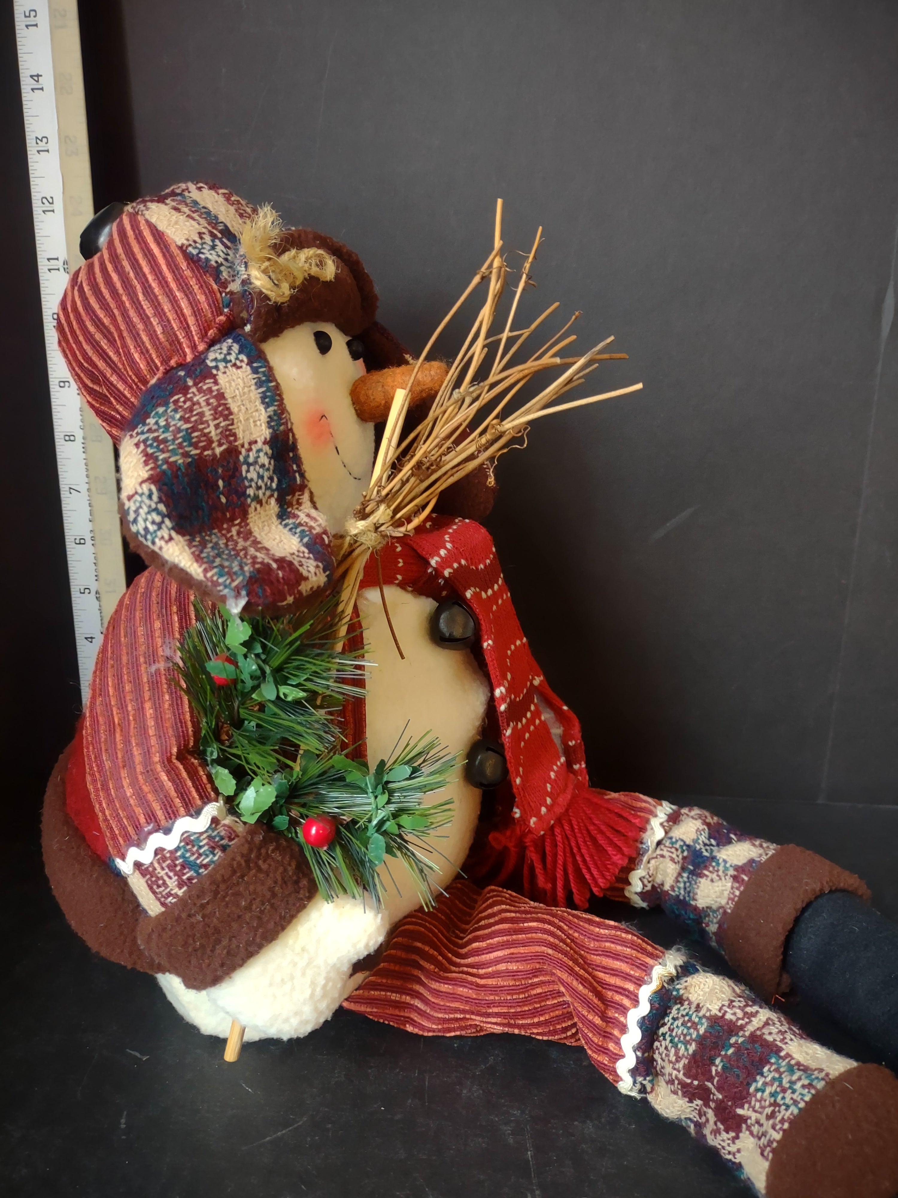 Christmas Primitive Shelf Sitting Snowman with Bells 12" Tall Sitting (lot 3362)