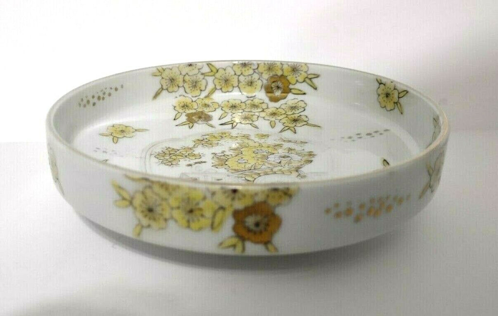 Vintage Gold Imari Hand Painted Trinket Dish Gold Yellow Flower Round Tray 001