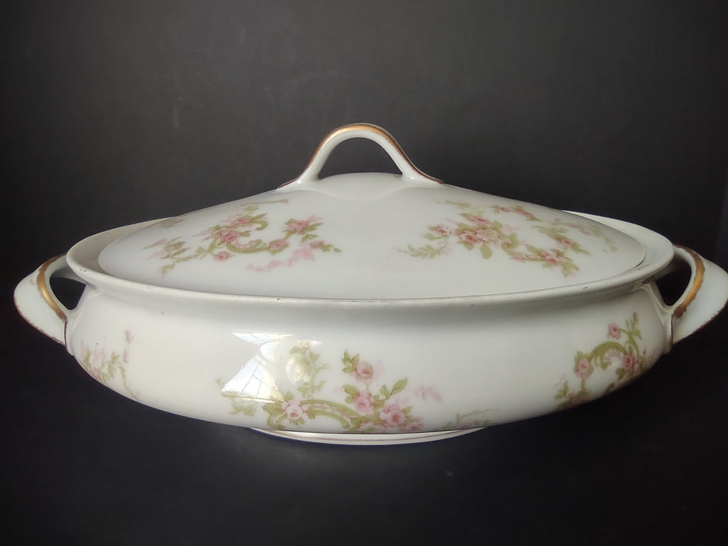 Haviland Limoges Oval Vegetable Tureen Pink Rose Green Ribbon (lot 887)