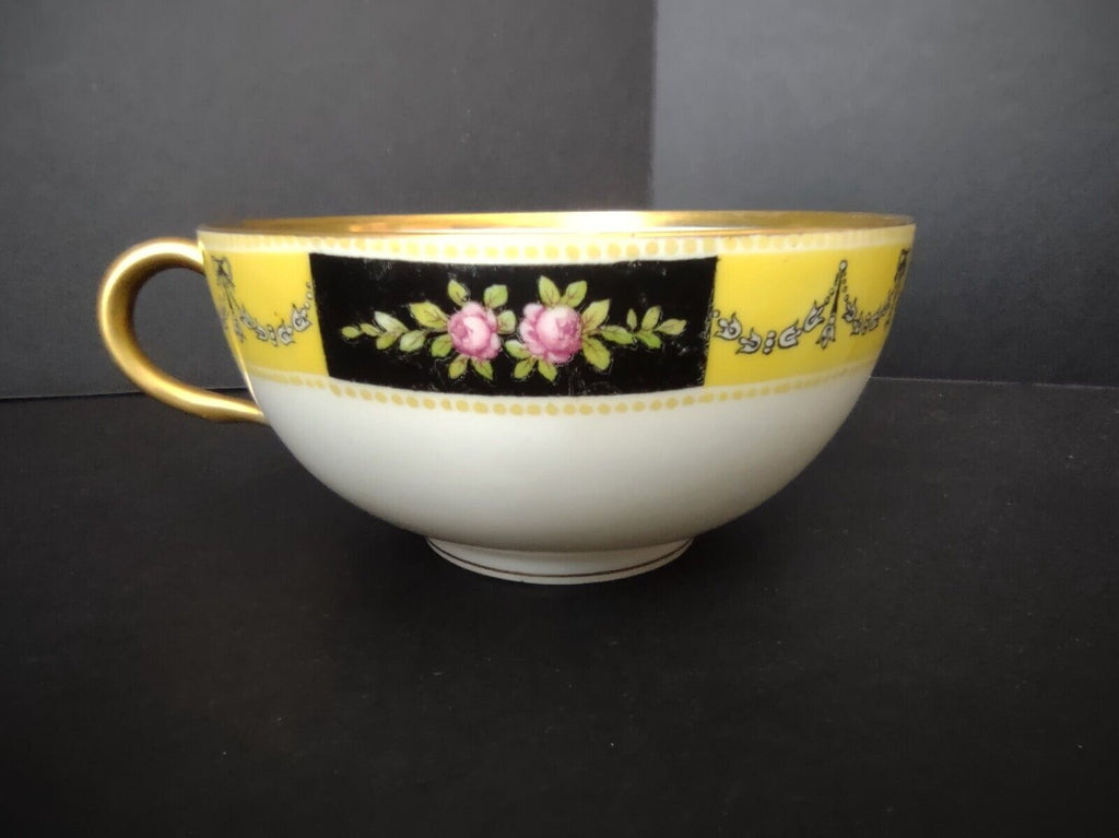 Avenir Limoges Ovington Bros Teacup & Saucer Yellow Black Trim Bow Rose lot 730