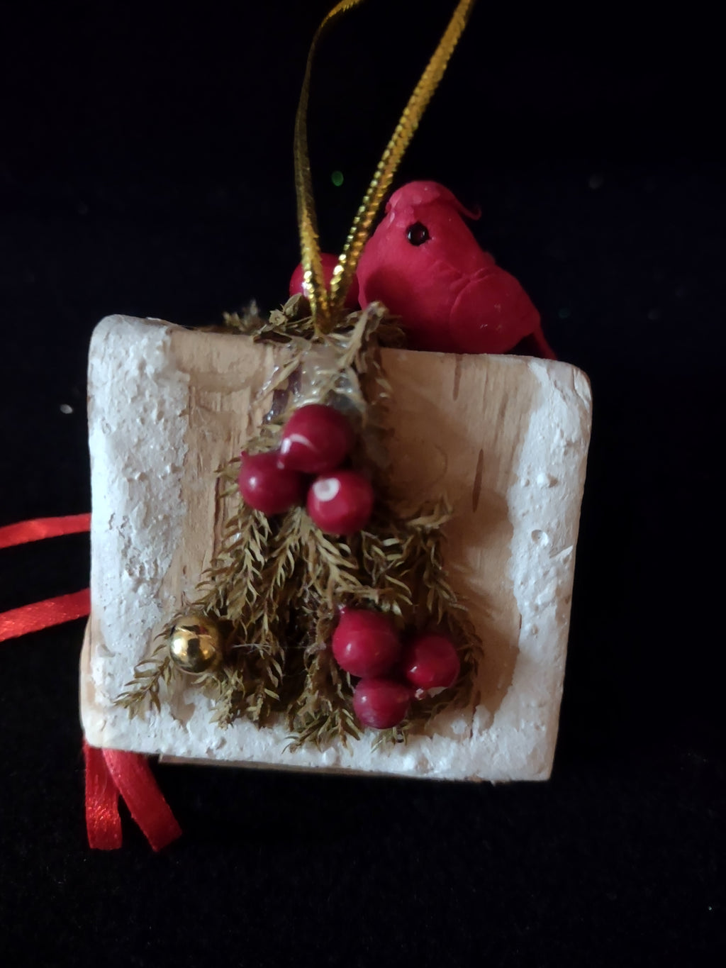 Christmas Winter Bird House Ornament Wood Bark Ribbon Birds Set Of 3 (Lot 4597)