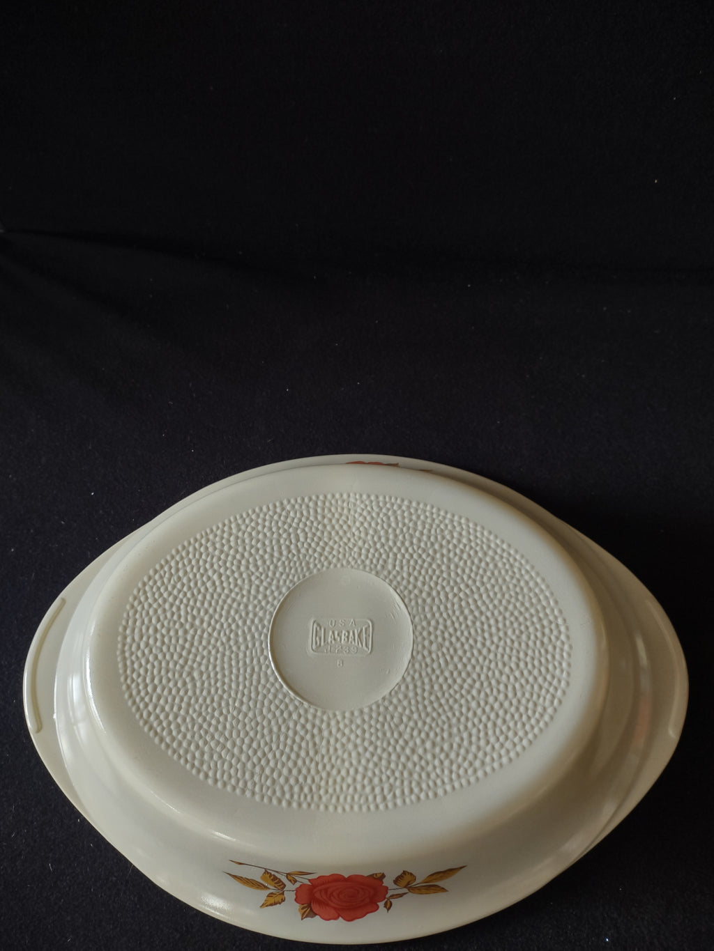 Vintage Glasbake Milk Glass Divided Casserole Dish Red Rose (Lot5292)