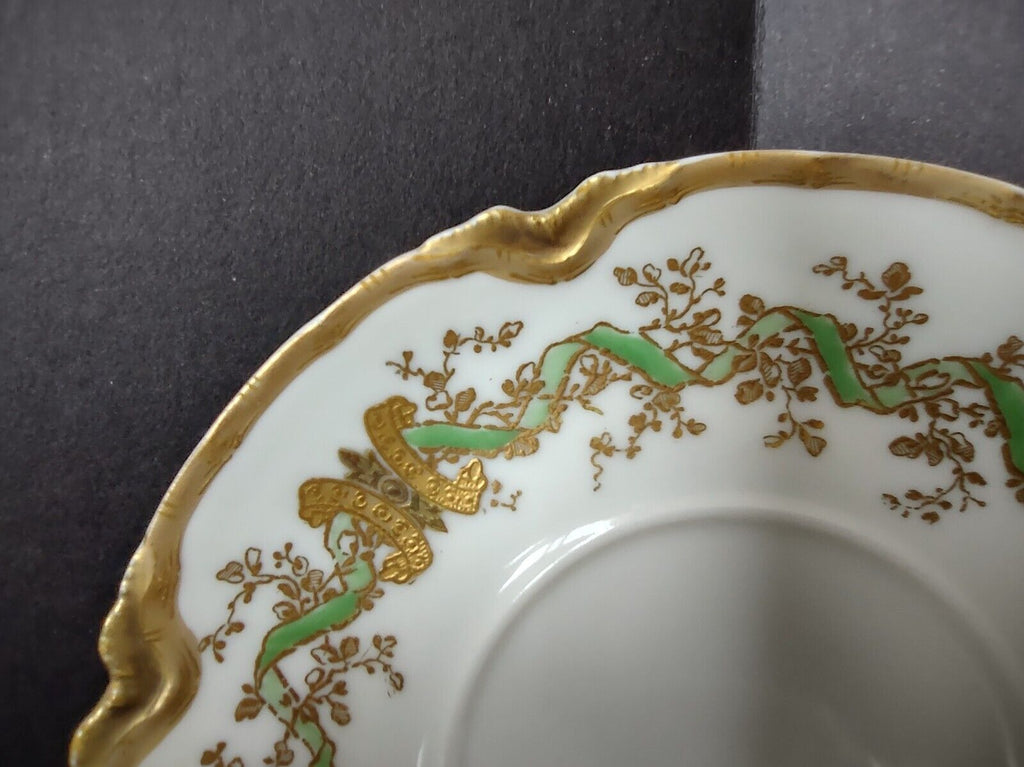 Haviland Limoges Green Heavy Gold Trim Bouillon Cup & Saucer IMPERFECT (lot 706)