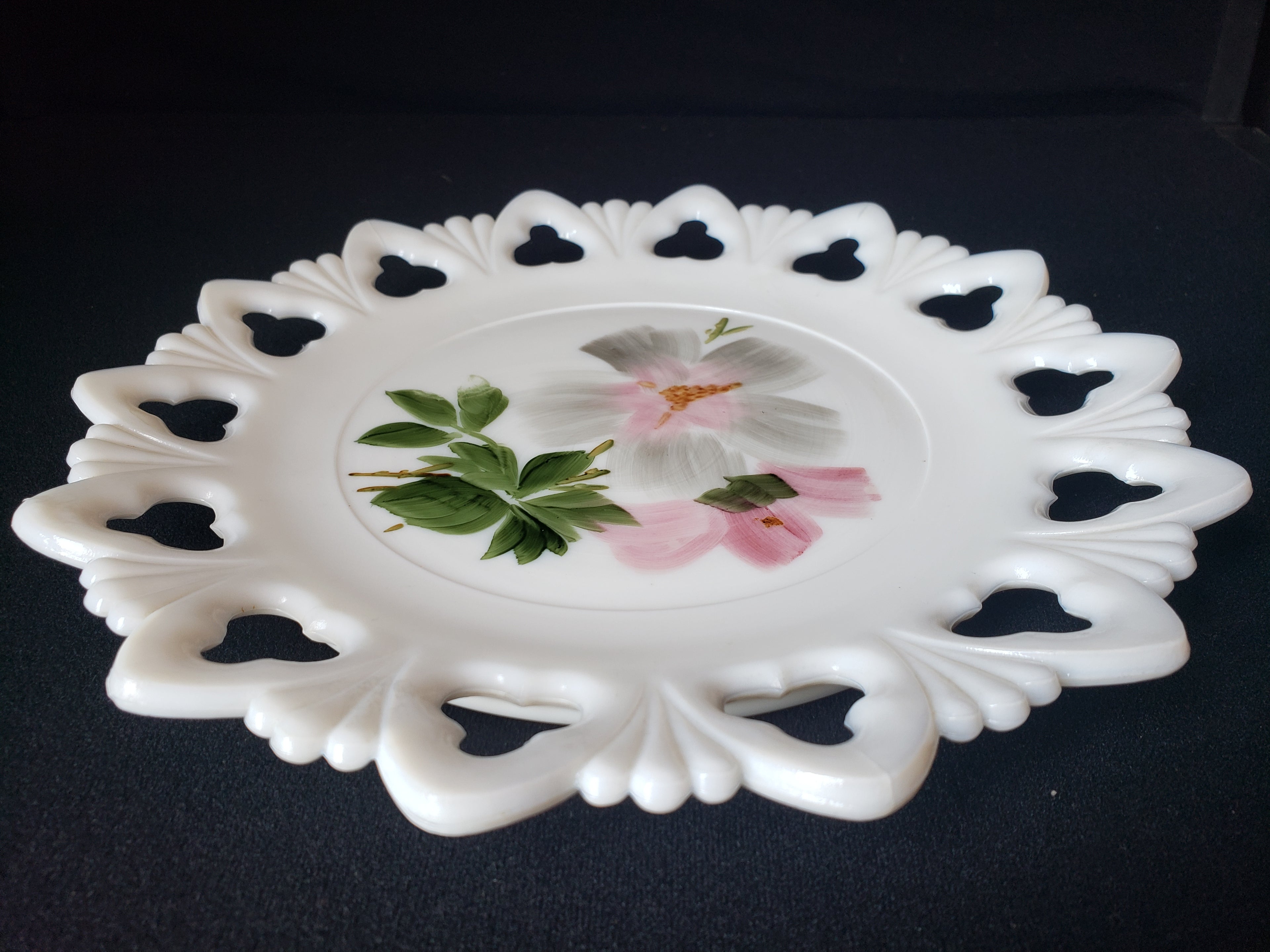 Vintage Kemple Pink Flower Motif Milk Glass Wall Plate (lot 2191)